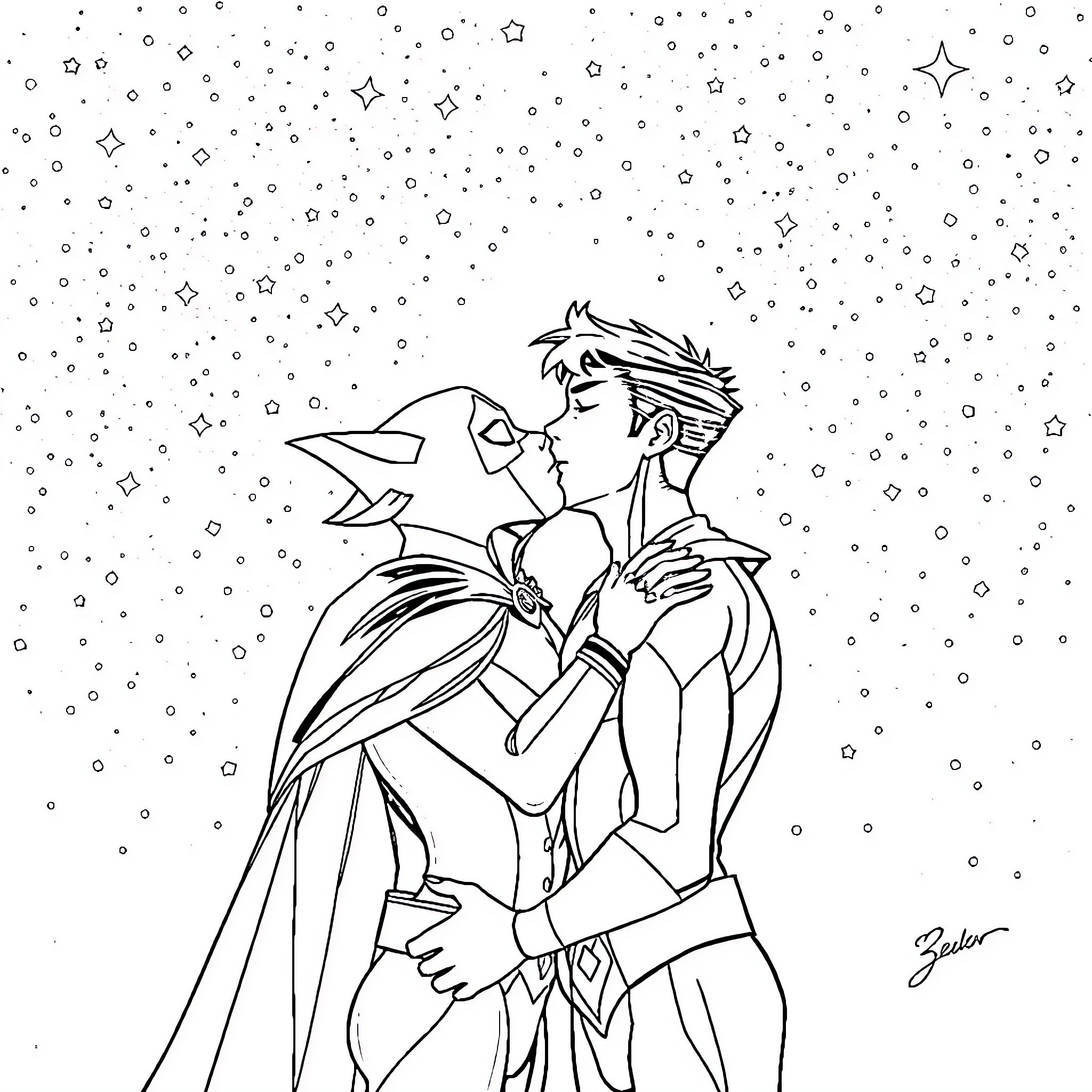 Raven sharing a loving moment with a companion Coloring Page (free black-and-white line drawing printable PDF for all, from beginners to advanced learners, including children, teens, adults, and seniors)