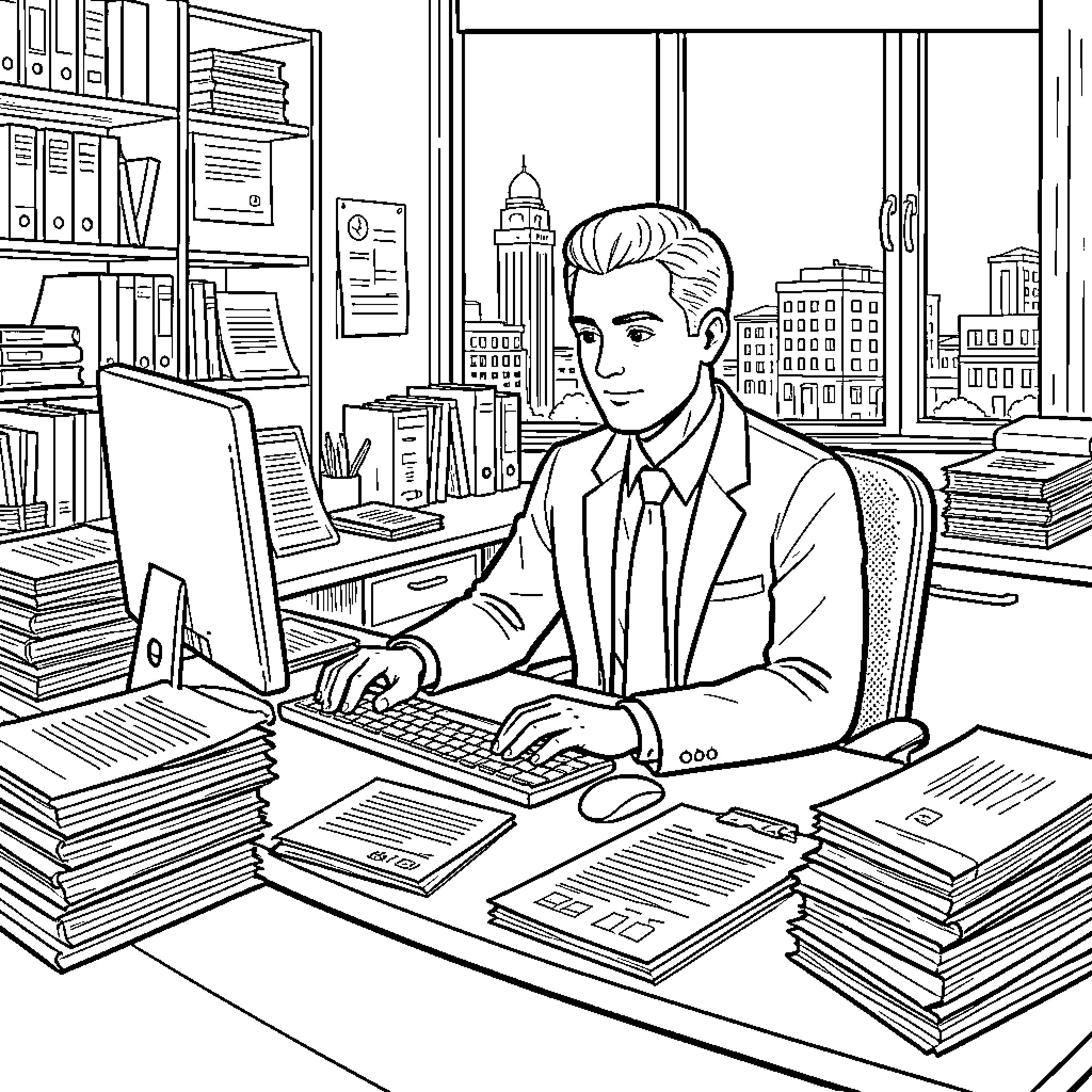 Accountant working diligently at a desk with documents Coloring Page (free black-and-white line drawing printable PDF for all, from beginners to advanced learners, including children, teens, adults, and seniors)