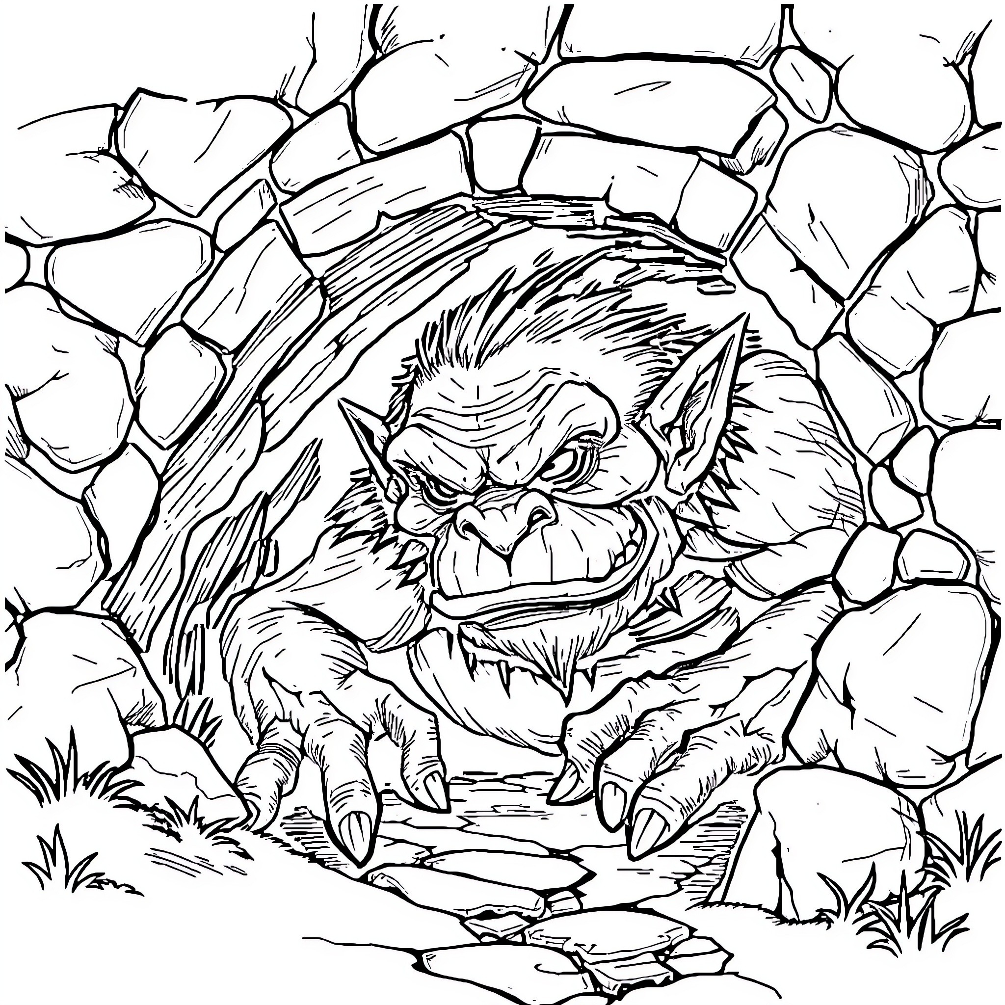 Troll Emerging from Craggy Cave Coloring Page (free black-and-white line drawing printable PDF for all, from beginners to advanced learners, including children, teens, adults, and seniors)