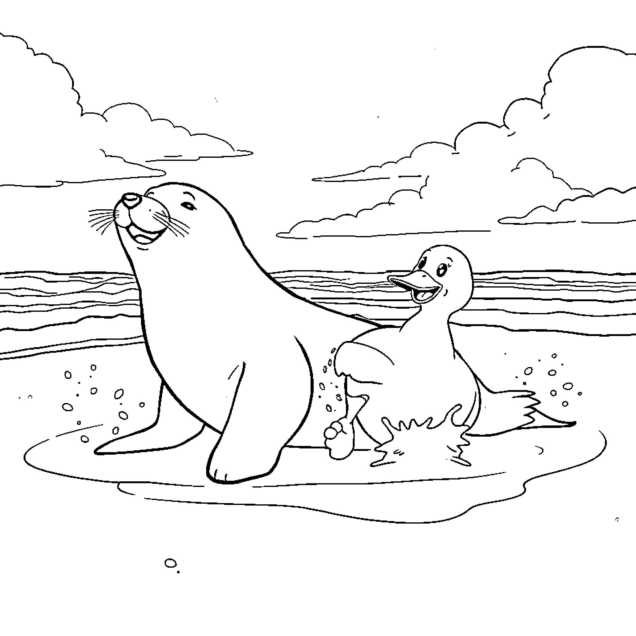 Seal and duckling playing in the water Coloring Page (free black-and-white line drawing printable PDF for all, from beginners to advanced learners, including children, teens, adults, and seniors)