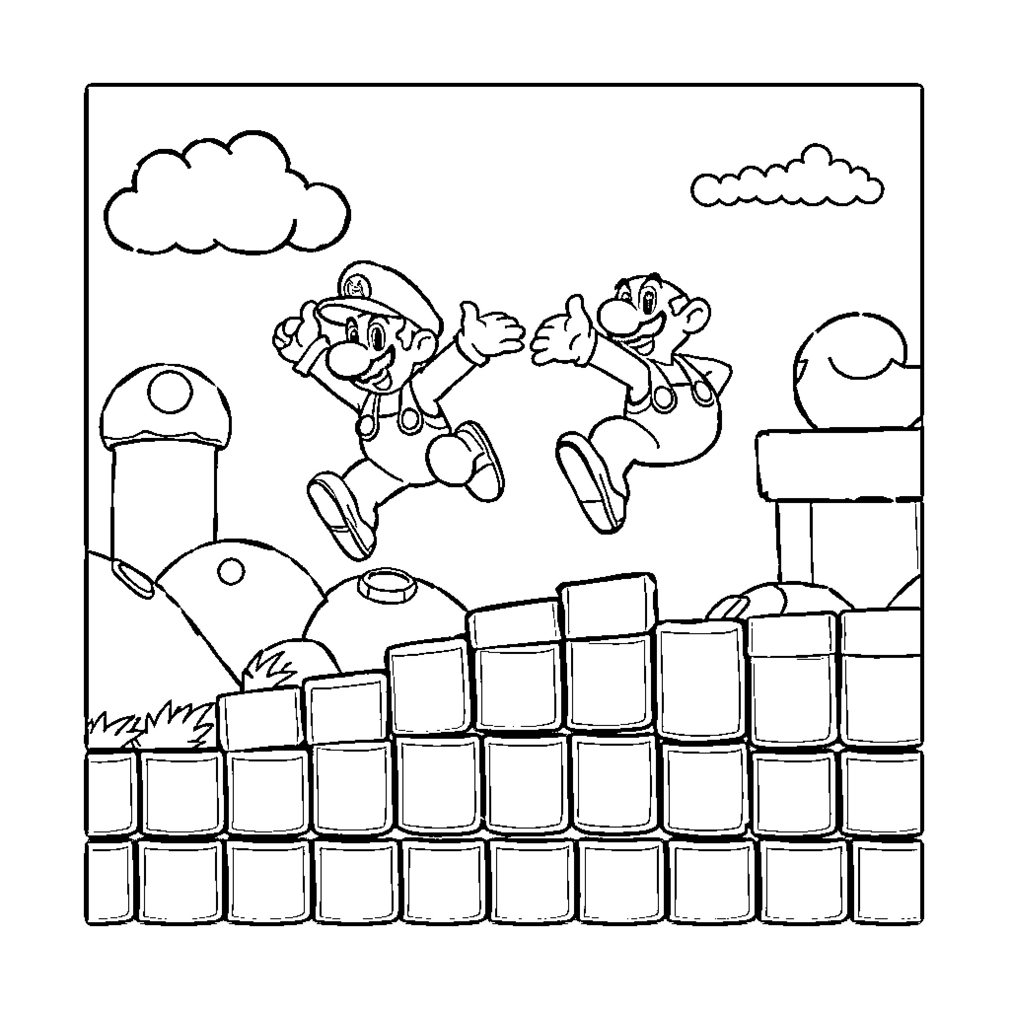 Mario jumping over obstacles in a game-like scene Coloring Page (free black-and-white line drawing printable PDF for all, from beginners to advanced learners, including children, teens, adults, and seniors)