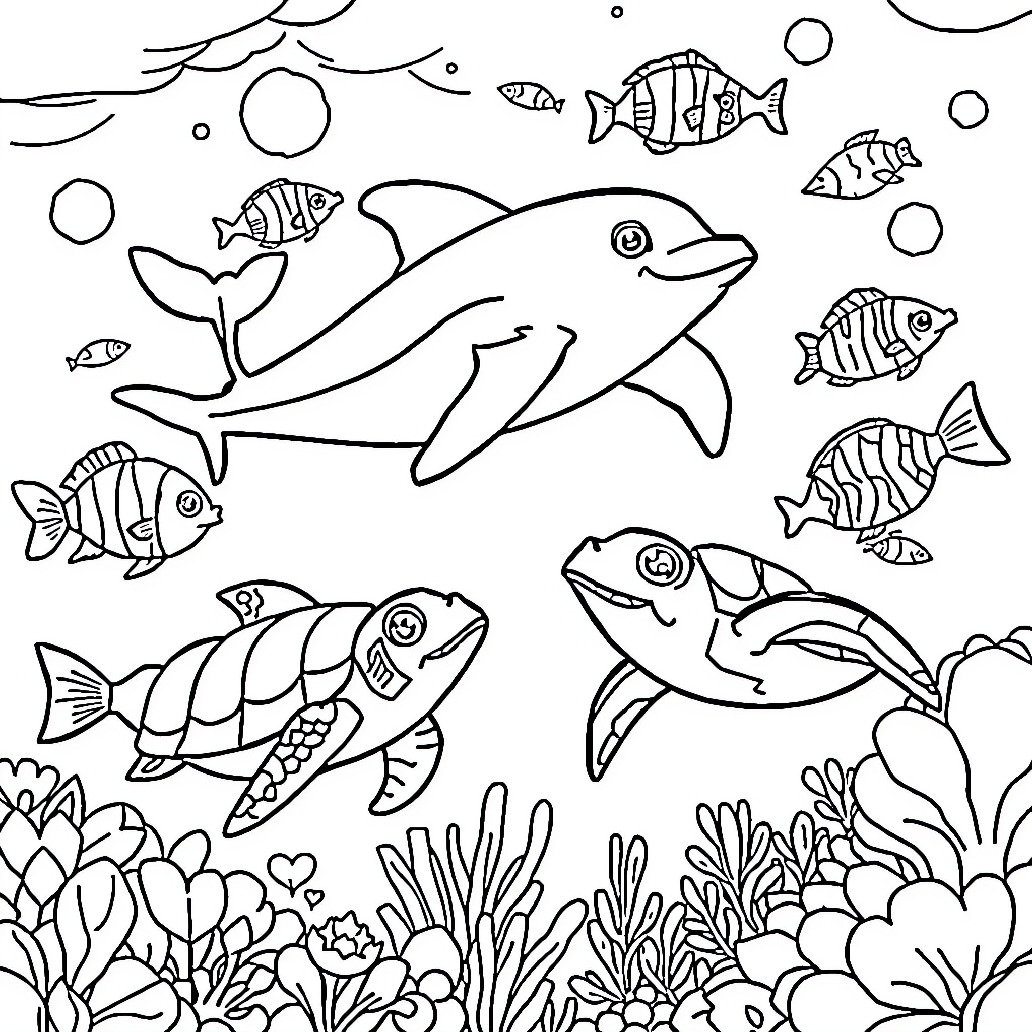 Ocean Animal playing joyfully in underwater scene Coloring Page (free black-and-white line drawing printable PDF for all, from beginners to advanced learners, including children, teens, adults, and seniors)