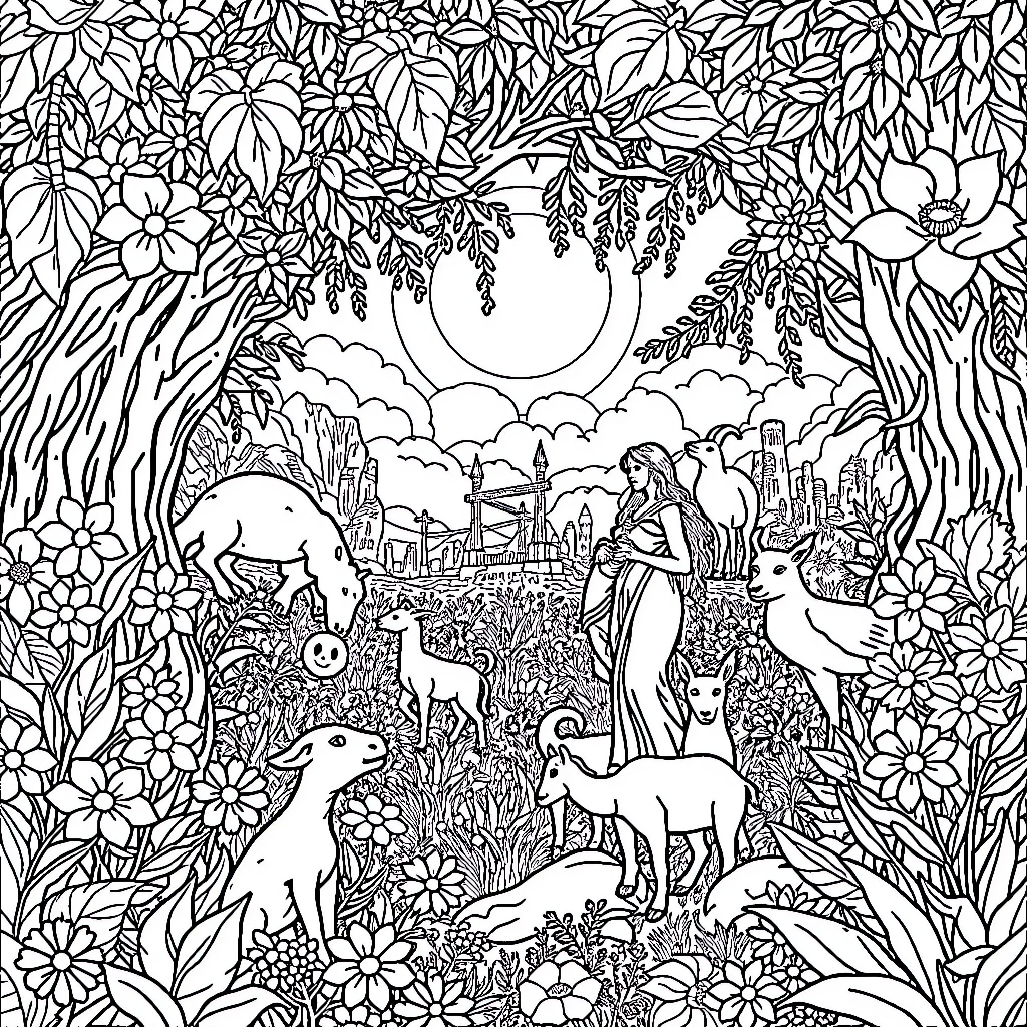 Garden of Eden with Mystical Creatures and Vegetation Coloring Page (free black-and-white line drawing printable PDF for all, from beginners to advanced learners, including children, teens, adults, and seniors)