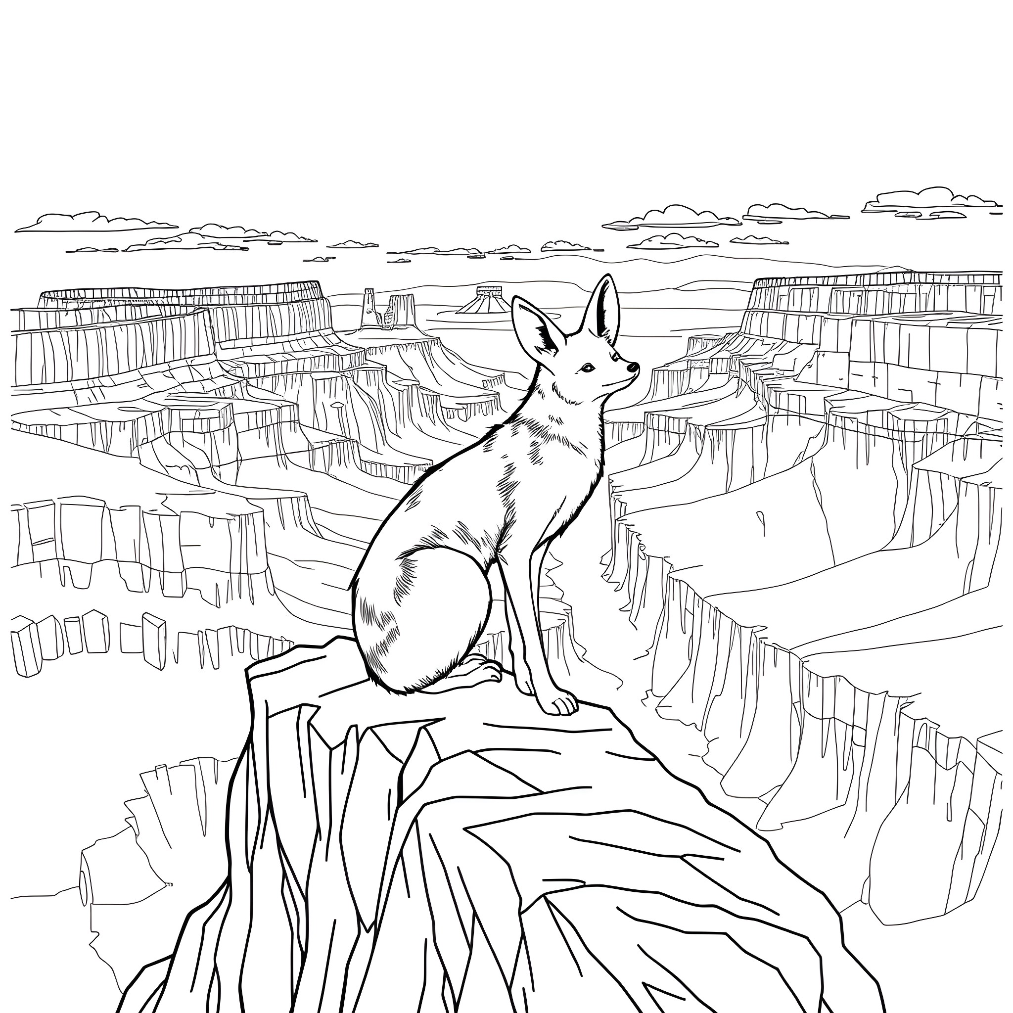 Fennec Fox overlooking the desert canyon Coloring Page (free black-and-white line drawing printable PDF for all, from beginners to advanced learners, including children, teens, adults, and seniors)