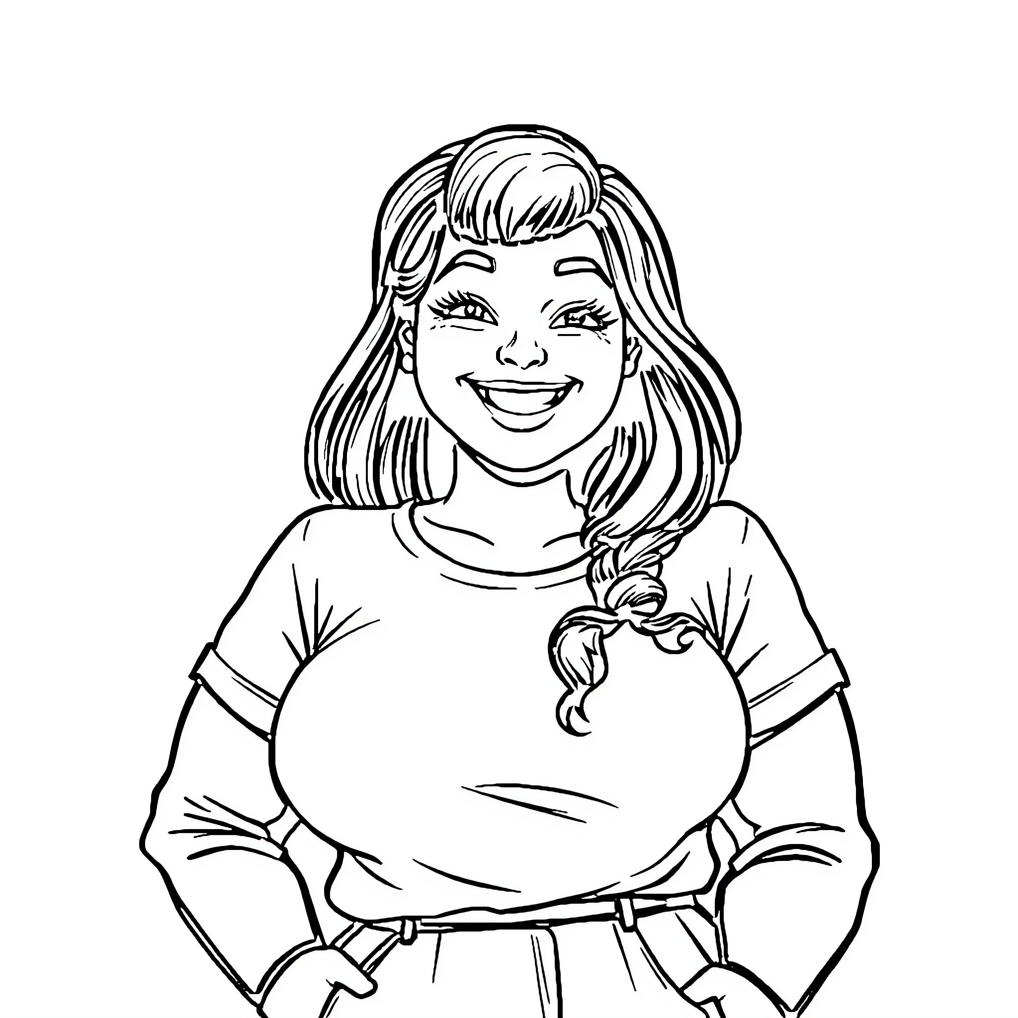 Girl smiling joyfully with braided hair Coloring Page (free black-and-white line drawing printable PDF for all, from beginners to advanced learners, including children, teens, adults, and seniors)