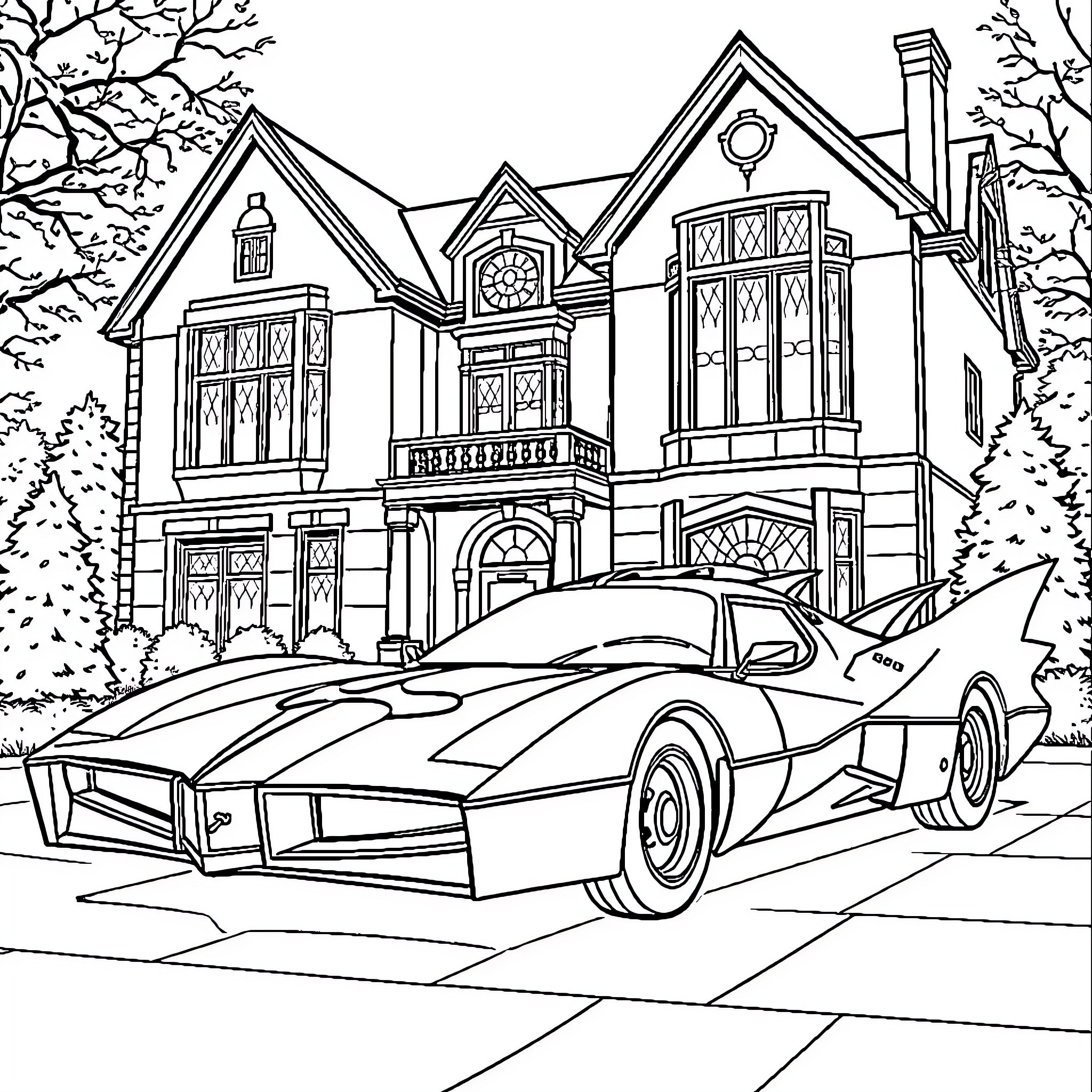 Batmobile parked in front of an elegant mansion Coloring Page (free black-and-white line drawing printable PDF for all, from beginners to advanced learners, including children, teens, adults, and seniors)