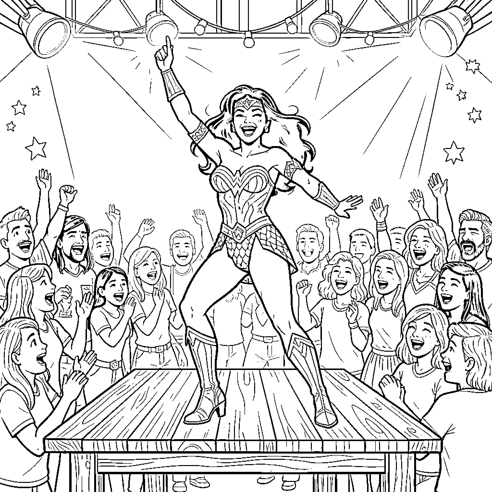 Wonder Woman empowering and inspiring the crowd Coloring Page (free black-and-white line drawing printable PDF for all, from beginners to advanced learners, including children, teens, adults, and seniors)