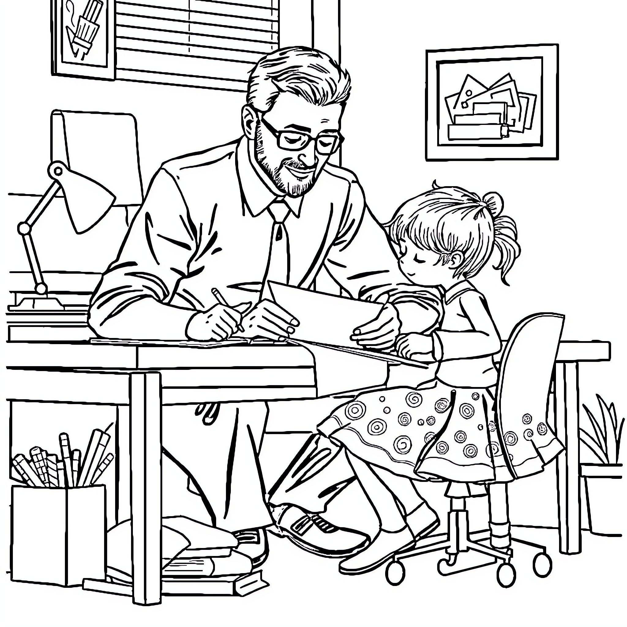 Officer assists child with work at desk Coloring Page (free black-and-white line drawing printable PDF for all, from beginners to advanced learners, including children, teens, adults, and seniors)