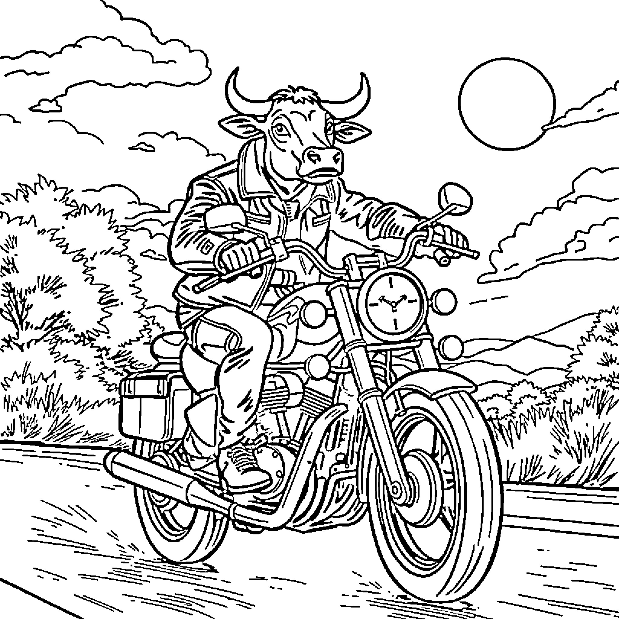 Cow riding motorcycle in scenic countryside Coloring Page (free black-and-white line drawing printable PDF for all, from beginners to advanced learners, including children, teens, adults, and seniors)