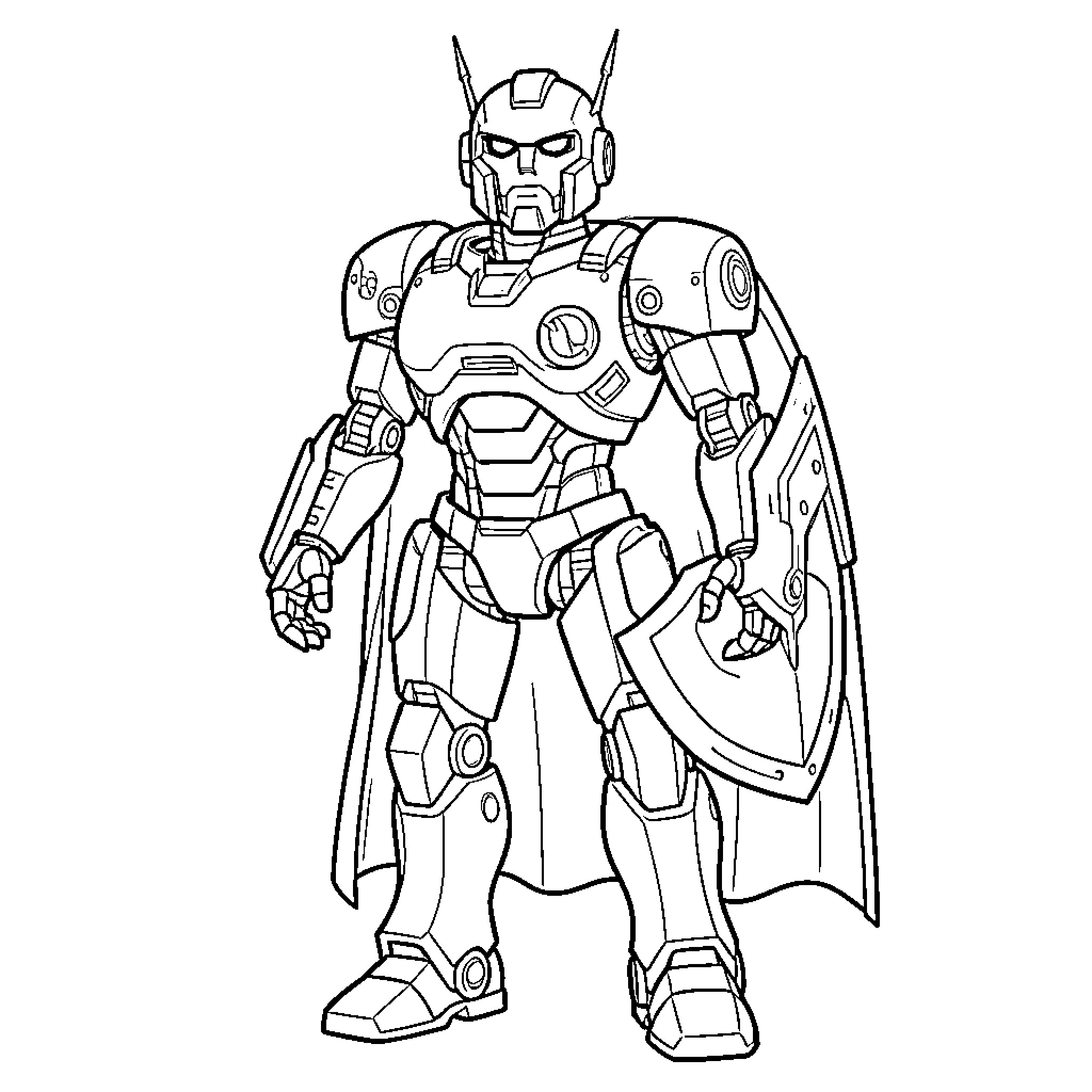 Robot superhero standing heroically wearing a cape Coloring Page (free black-and-white line drawing printable PDF for all, from beginners to advanced learners, including children, teens, adults, and seniors)
