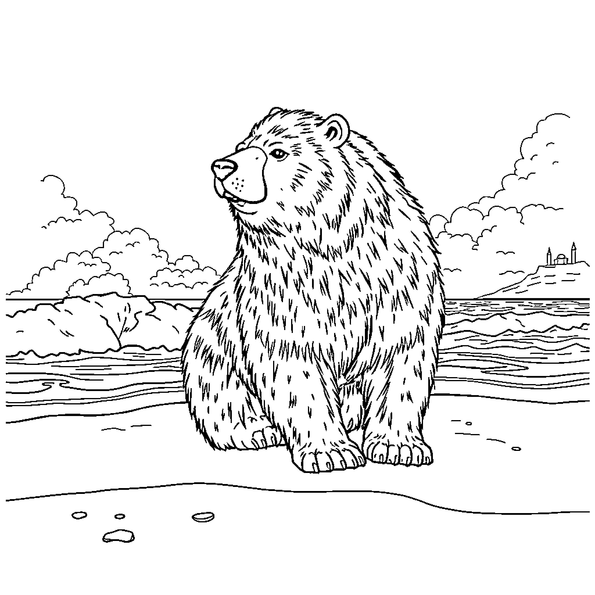 Bear standing proudly in the wilderness Coloring Page (free black-and-white line drawing printable PDF for all, from beginners to advanced learners, including children, teens, adults, and seniors)