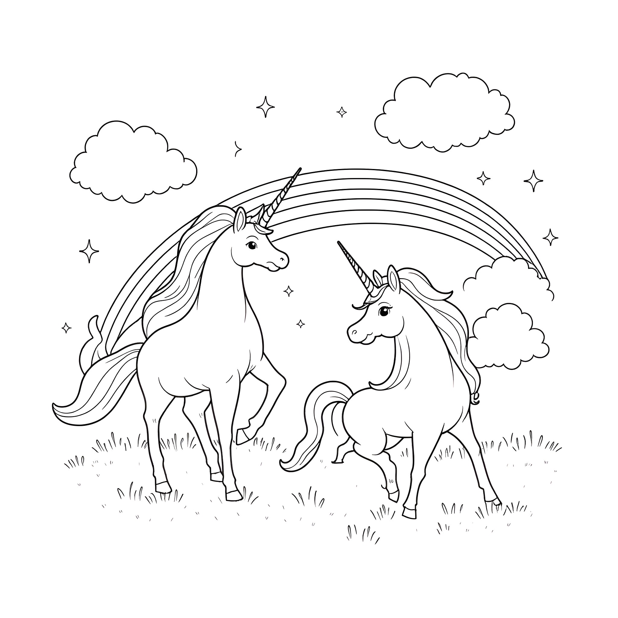 Unicorns Frolicking Under a Rainbow in the Clouds Coloring Page (free black-and-white line drawing printable PDF for all, from beginners to advanced learners, including children, teens, adults, and seniors)