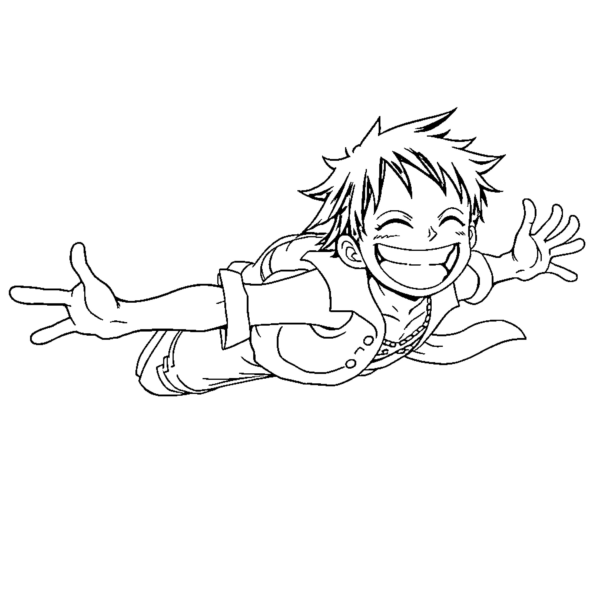 Luffy Soaring Through the Air with Enthusiasm Coloring Page (free black-and-white line drawing printable PDF for all, from beginners to advanced learners, including children, teens, adults, and seniors)