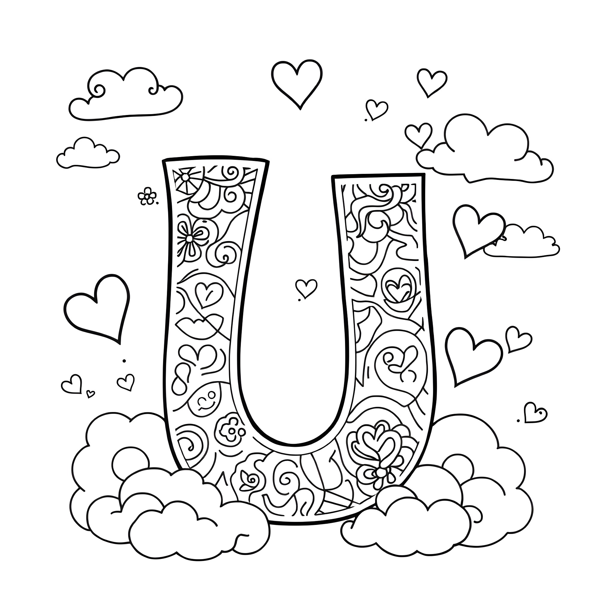 Unique letter u surrounded by hearts and clouds Coloring Page (free black-and-white line drawing printable PDF for all, from beginners to advanced learners, including children, teens, adults, and seniors)
