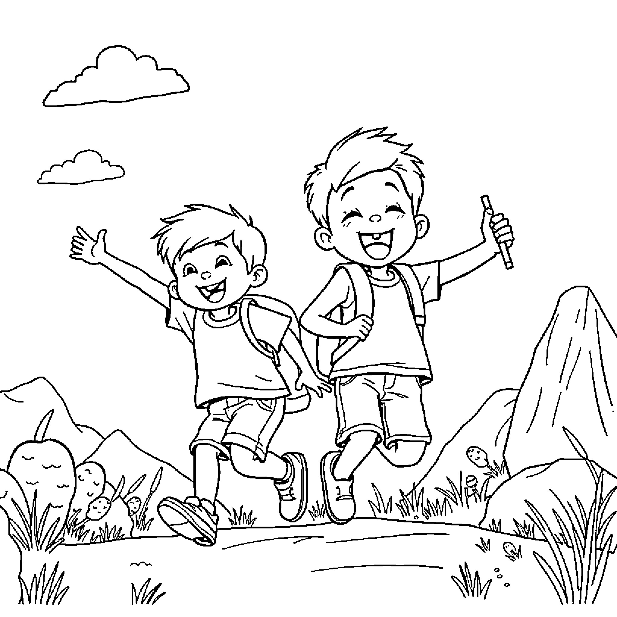 Boys playing joyfully in nature Coloring Page (free black-and-white line drawing printable PDF for all, from beginners to advanced learners, including children, teens, adults, and seniors)