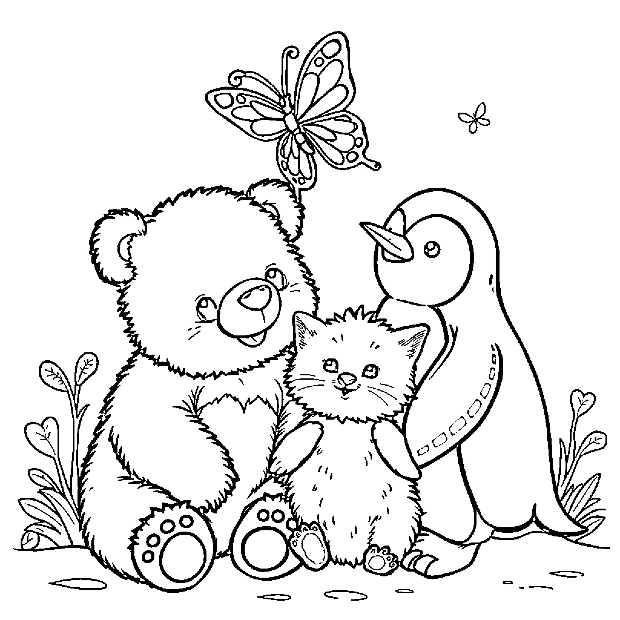 Bear, Kitten, and Duckling Playing Together Coloring Page (free black-and-white line drawing printable PDF for all, from beginners to advanced learners, including children, teens, adults, and seniors)