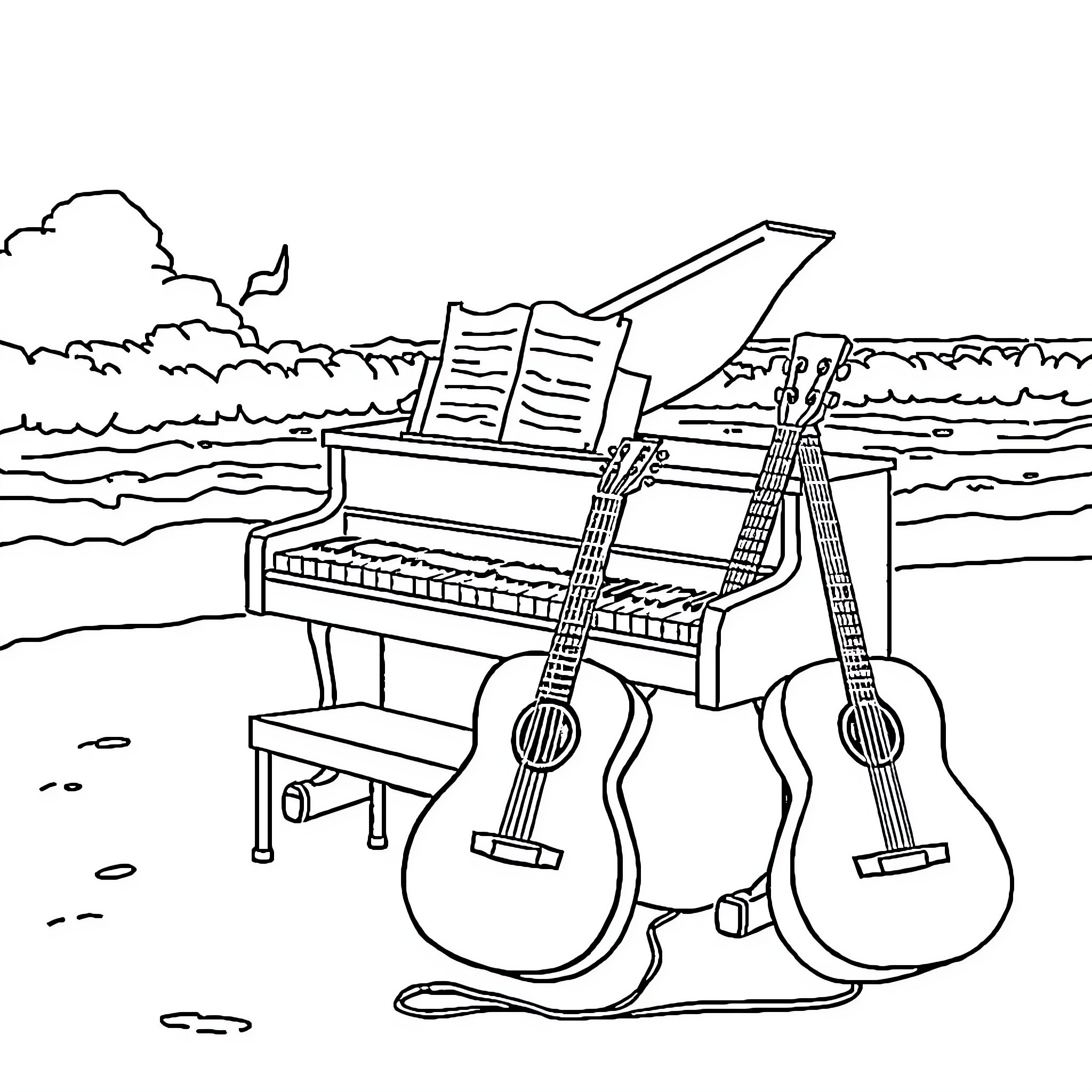 Piano by the Serene Lake Coloring Page (free black-and-white line drawing printable PDF for all, from beginners to advanced learners, including children, teens, adults, and seniors)