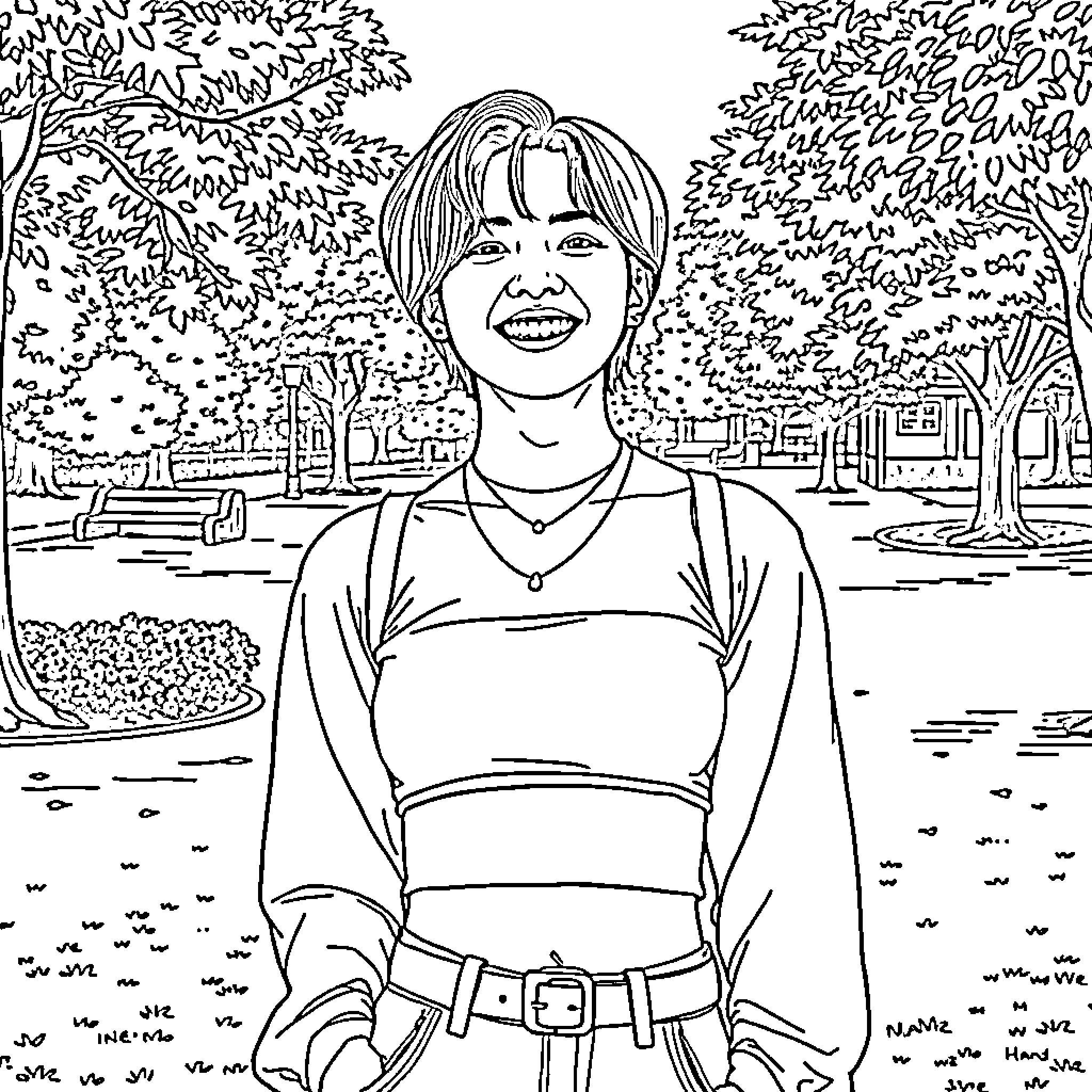 BTS Member Smiling Brightly in Outdoor Park Setting Coloring Page (free black-and-white line drawing printable PDF for all, from beginners to advanced learners, including children, teens, adults, and seniors)