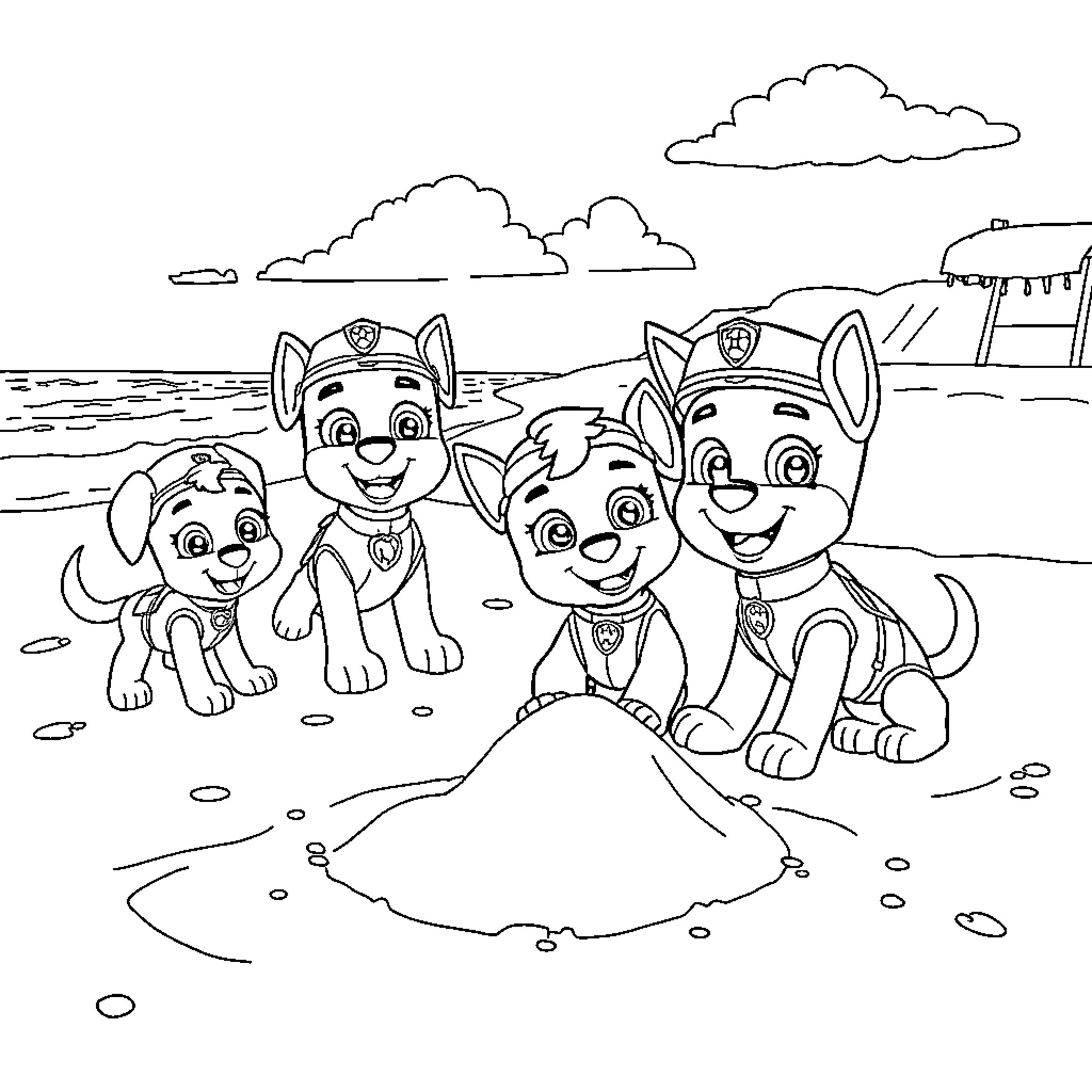 Character Pups Playing Happily on the Beach Coloring Page (free black-and-white line drawing printable PDF for all, from beginners to advanced learners, including children, teens, adults, and seniors)