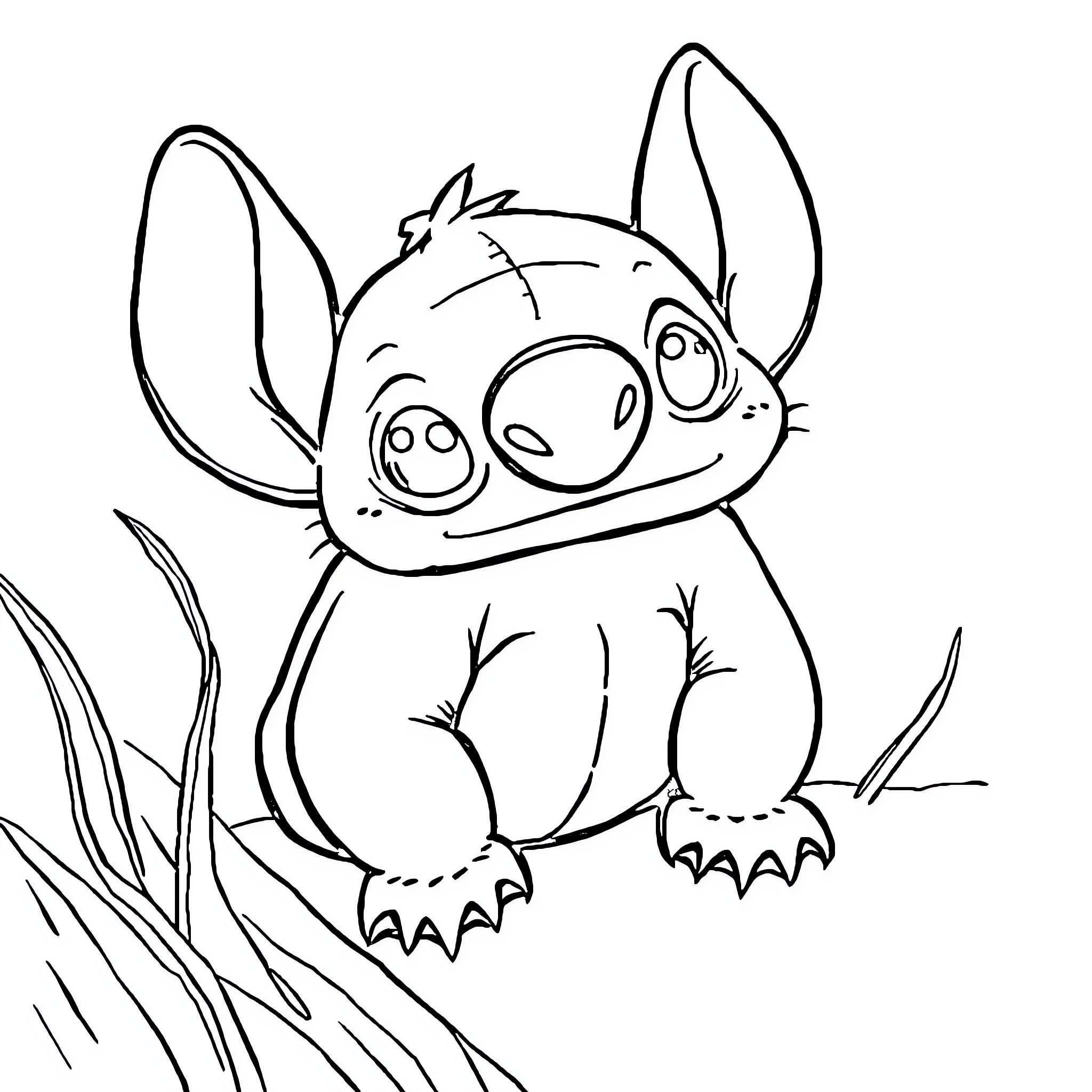 Stitch sitting in the grass with a mischievous expression Coloring Page (free black-and-white line drawing printable PDF for all, from beginners to advanced learners, including children, teens, adults, and seniors)
