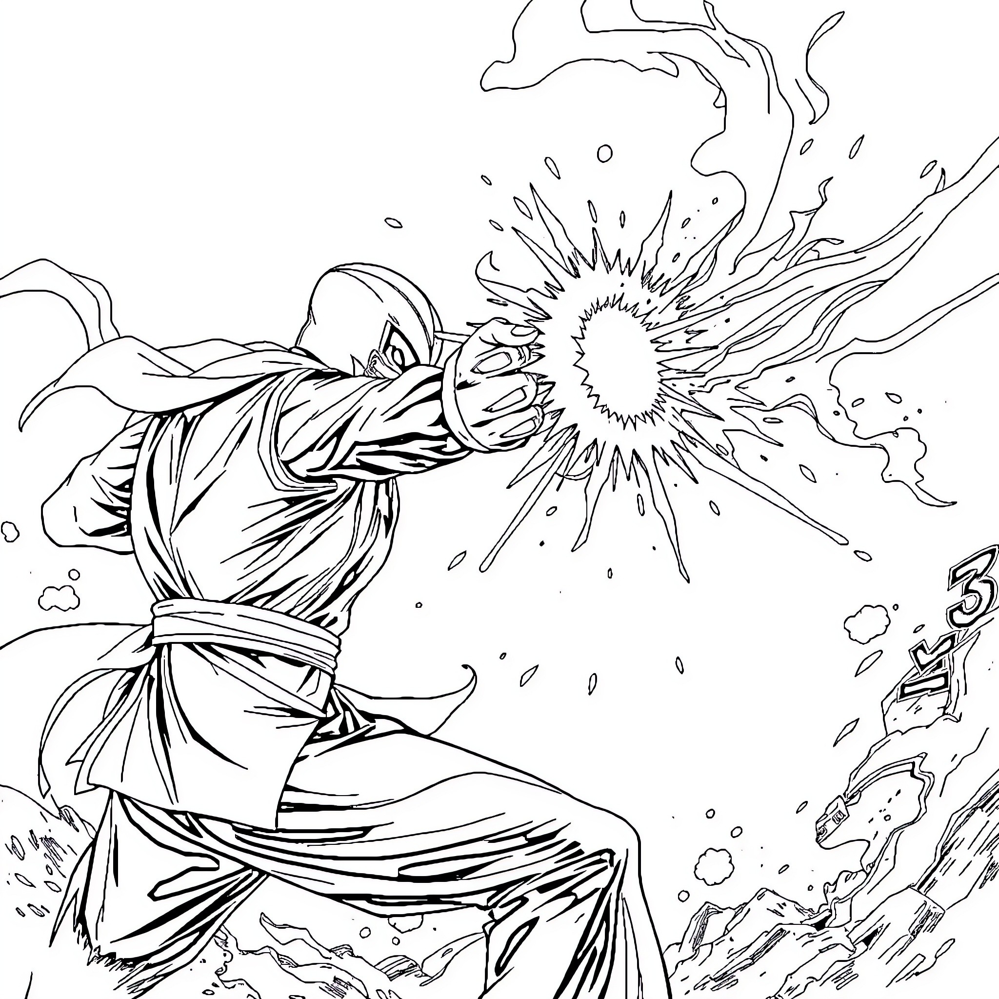 Sub Zero Warrior's Explosive Martial Arts Technique Coloring Page (free black-and-white line drawing printable PDF for all, from beginners to advanced learners, including children, teens, adults, and seniors)