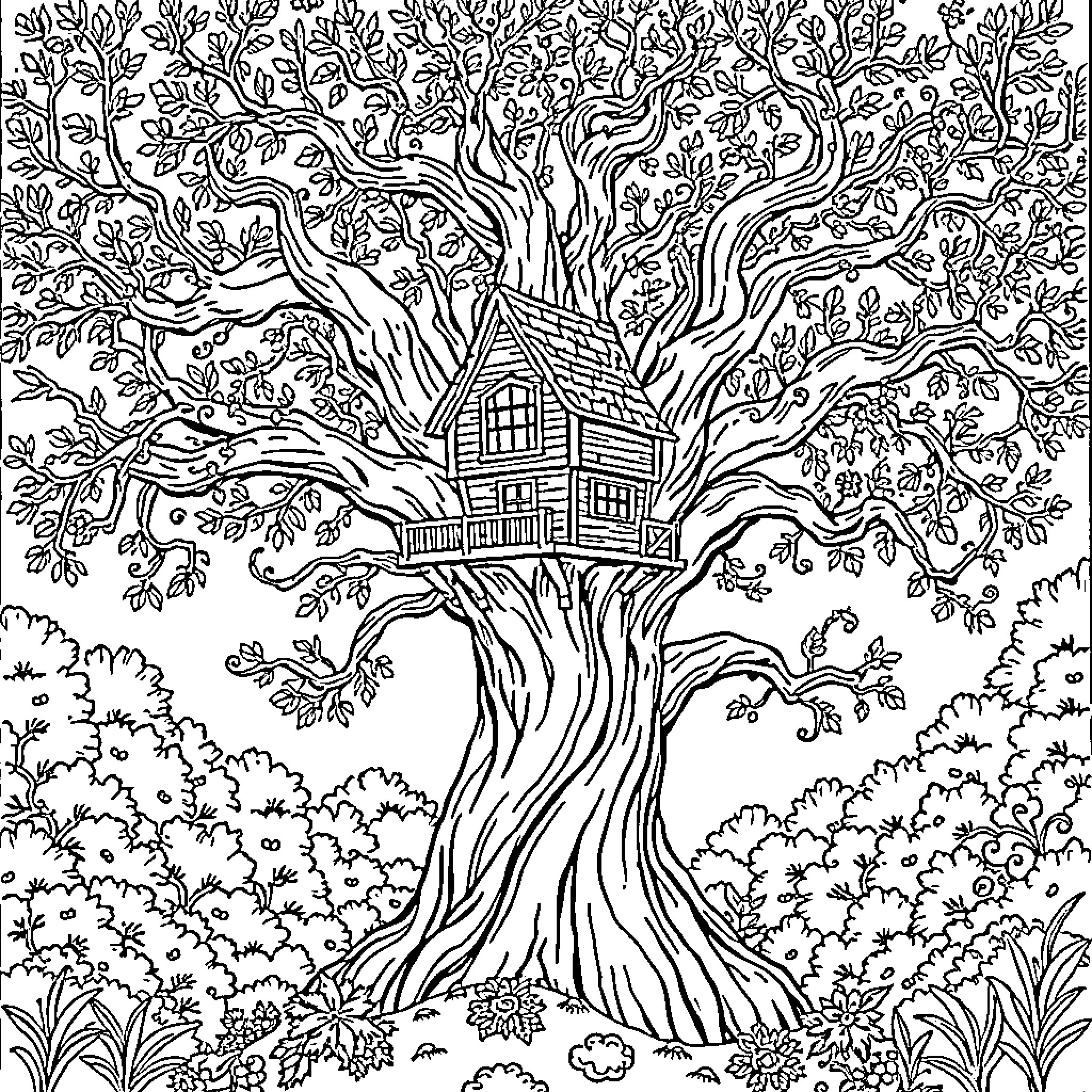 Tree House Cozy Hideaway in Lush Forest Coloring Page (free black-and-white line drawing printable PDF for all, from beginners to advanced learners, including children, teens, adults, and seniors)