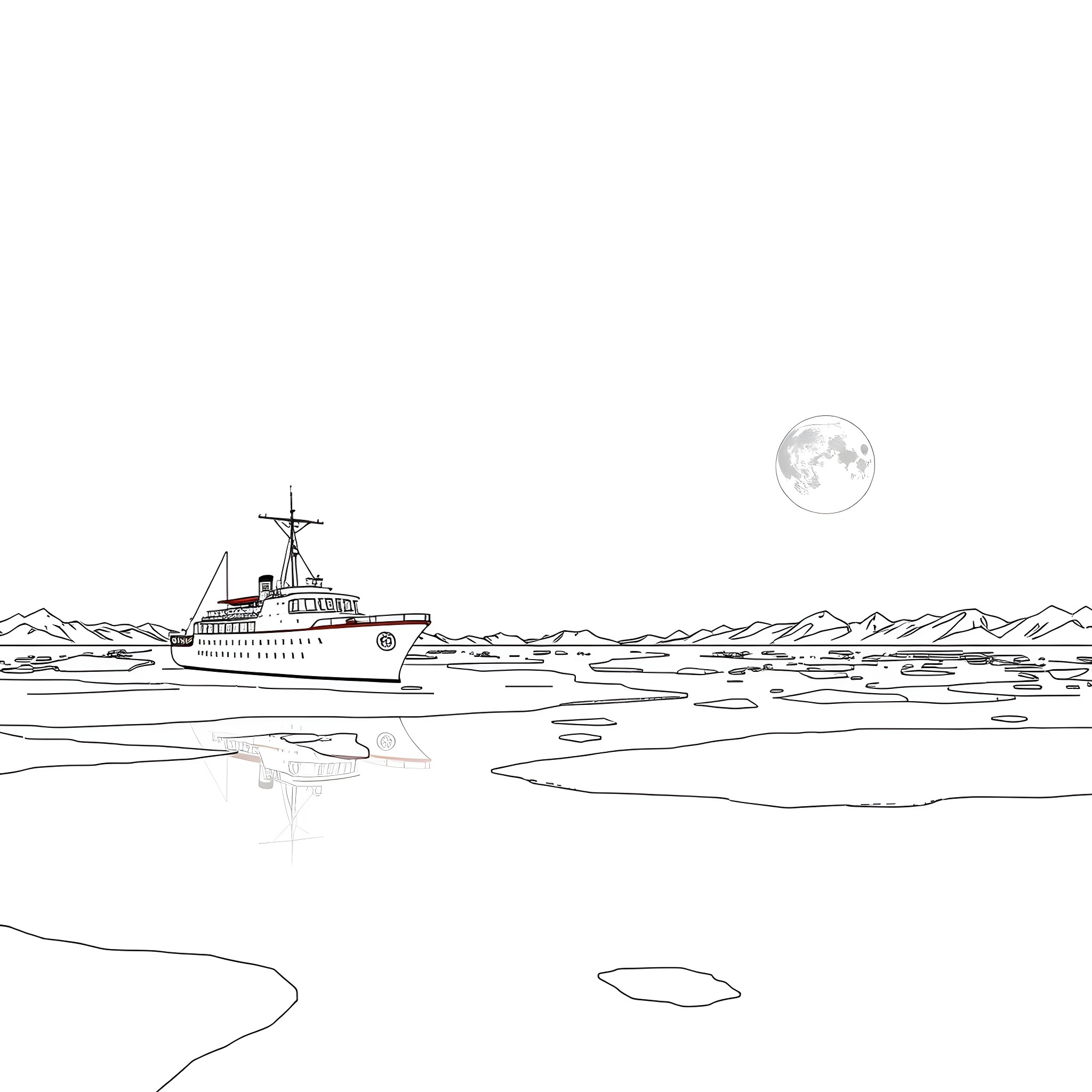 Ship sailing in the calm ocean under the moonlight Coloring Page (free black-and-white line drawing printable PDF for all, from beginners to advanced learners, including children, teens, adults, and seniors)