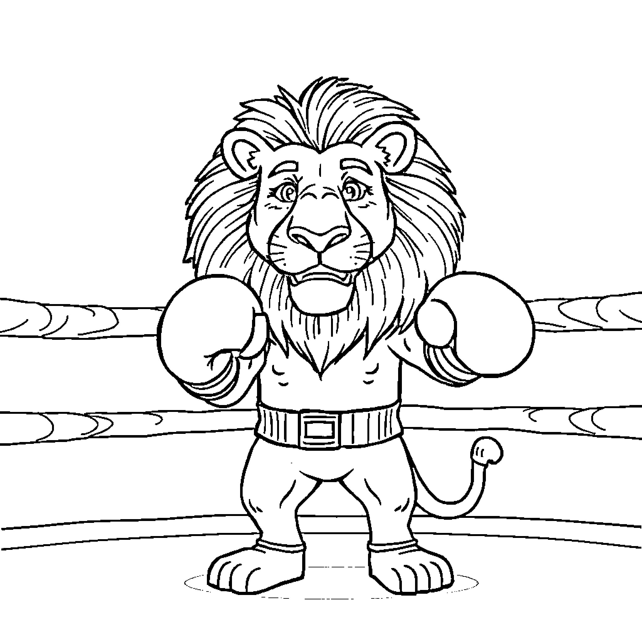 Lion boxer standing in the ring Coloring Page (free black-and-white line drawing printable PDF for all, from beginners to advanced learners, including children, teens, adults, and seniors)