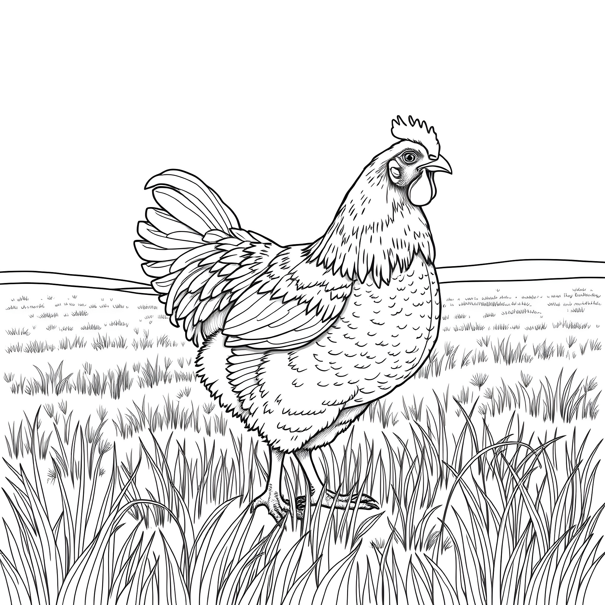 Hen strutting proudly in a grassy field Coloring Page (free black-and-white line drawing printable PDF for all, from beginners to advanced learners, including children, teens, adults, and seniors)