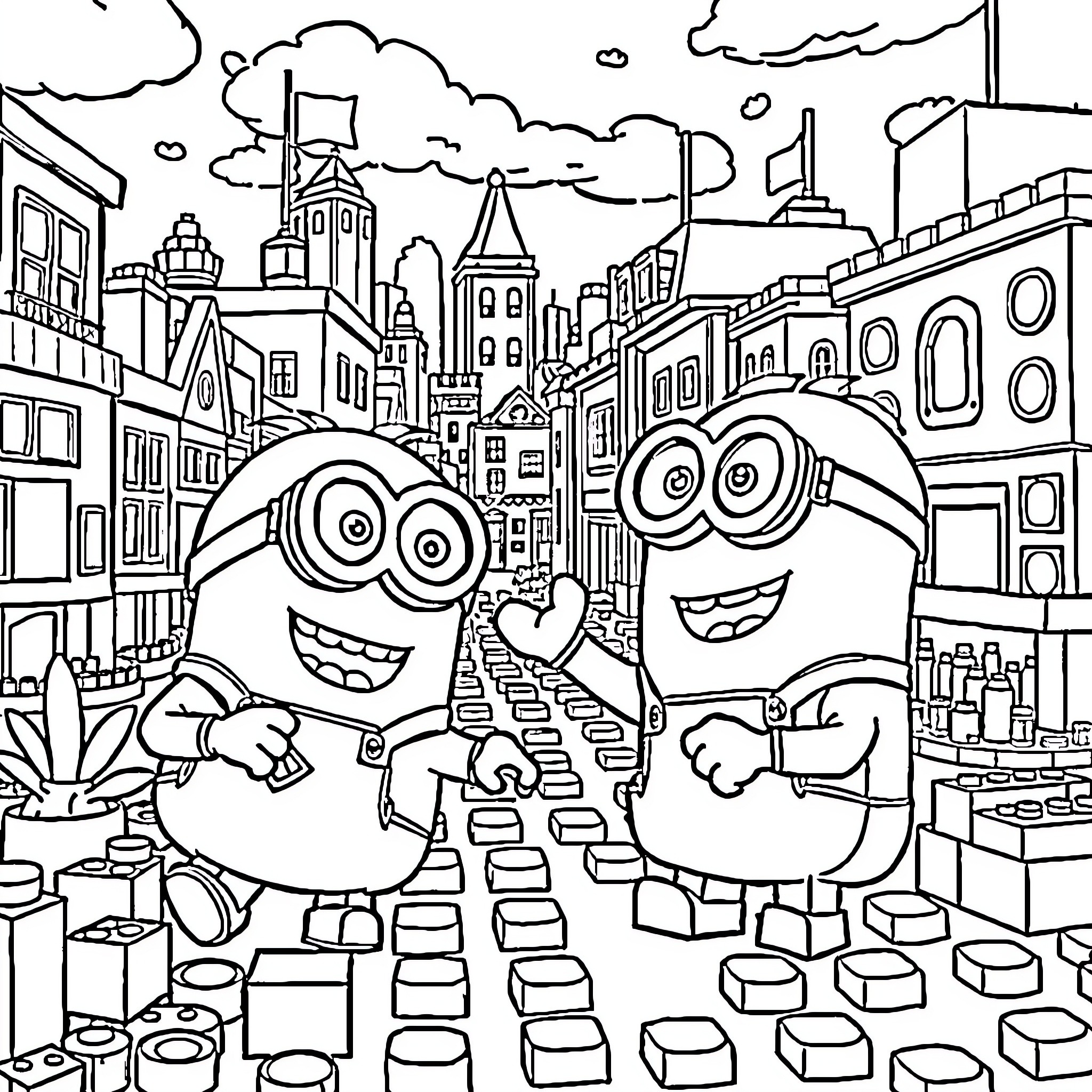Minions exploring the city streets Coloring Page (free black-and-white line drawing printable PDF for all, from beginners to advanced learners, including children, teens, adults, and seniors)