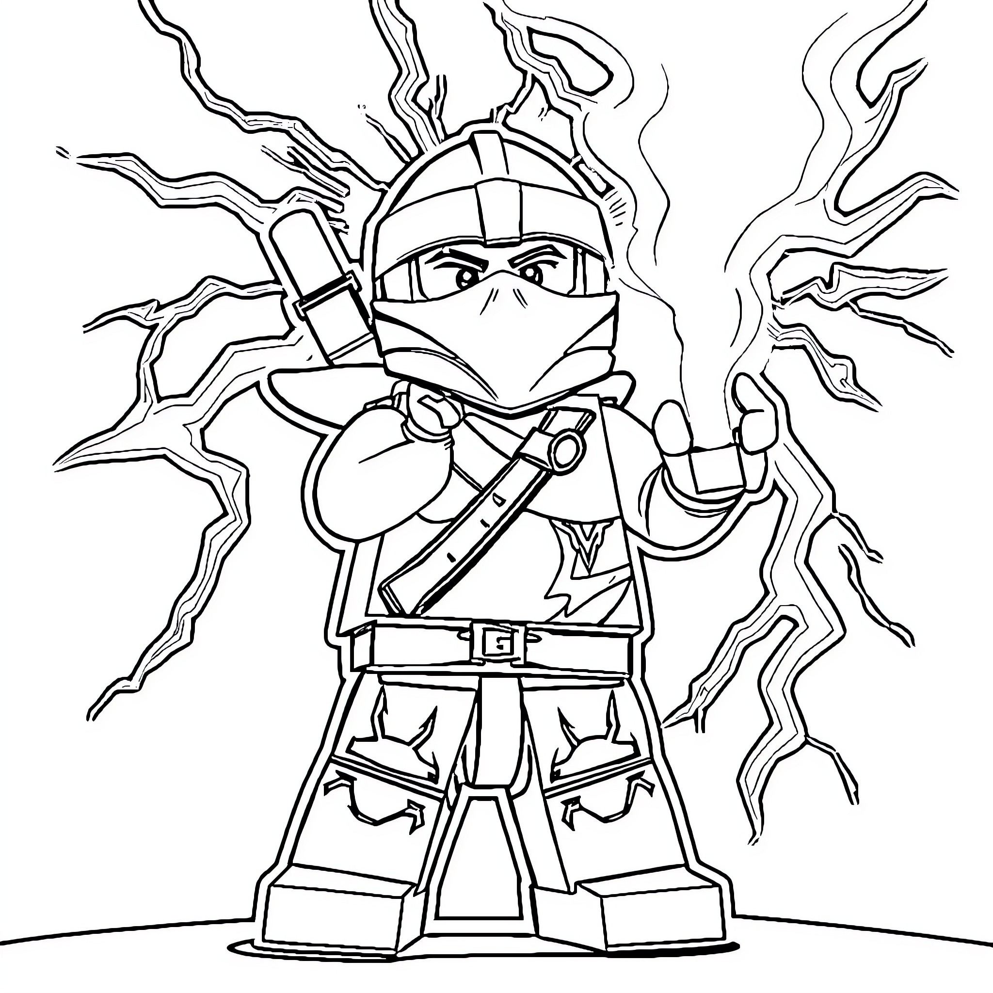 Jay the Ninja Warrior Battling Fierce Flames Coloring Page (free black-and-white line drawing printable PDF for all, from beginners to advanced learners, including children, teens, adults, and seniors)