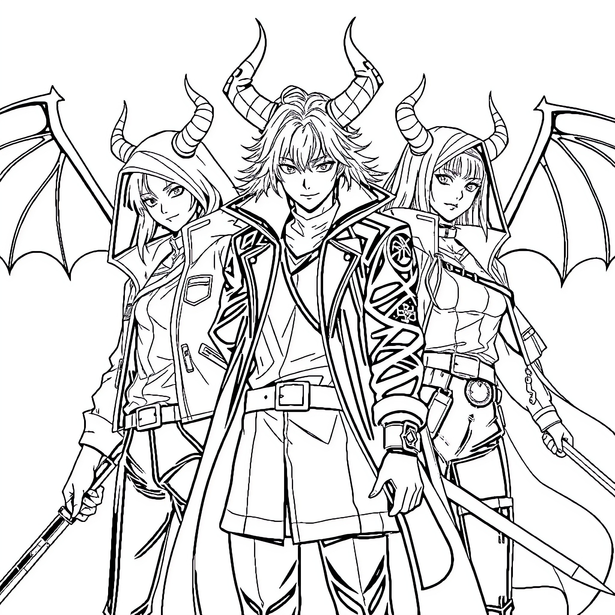 Kpop Demon Hunter: Fearless Trio in Fierce Battle Attire Coloring Page (free black-and-white line drawing printable PDF for all, from beginners to advanced learners, including children, teens, adults, and seniors)