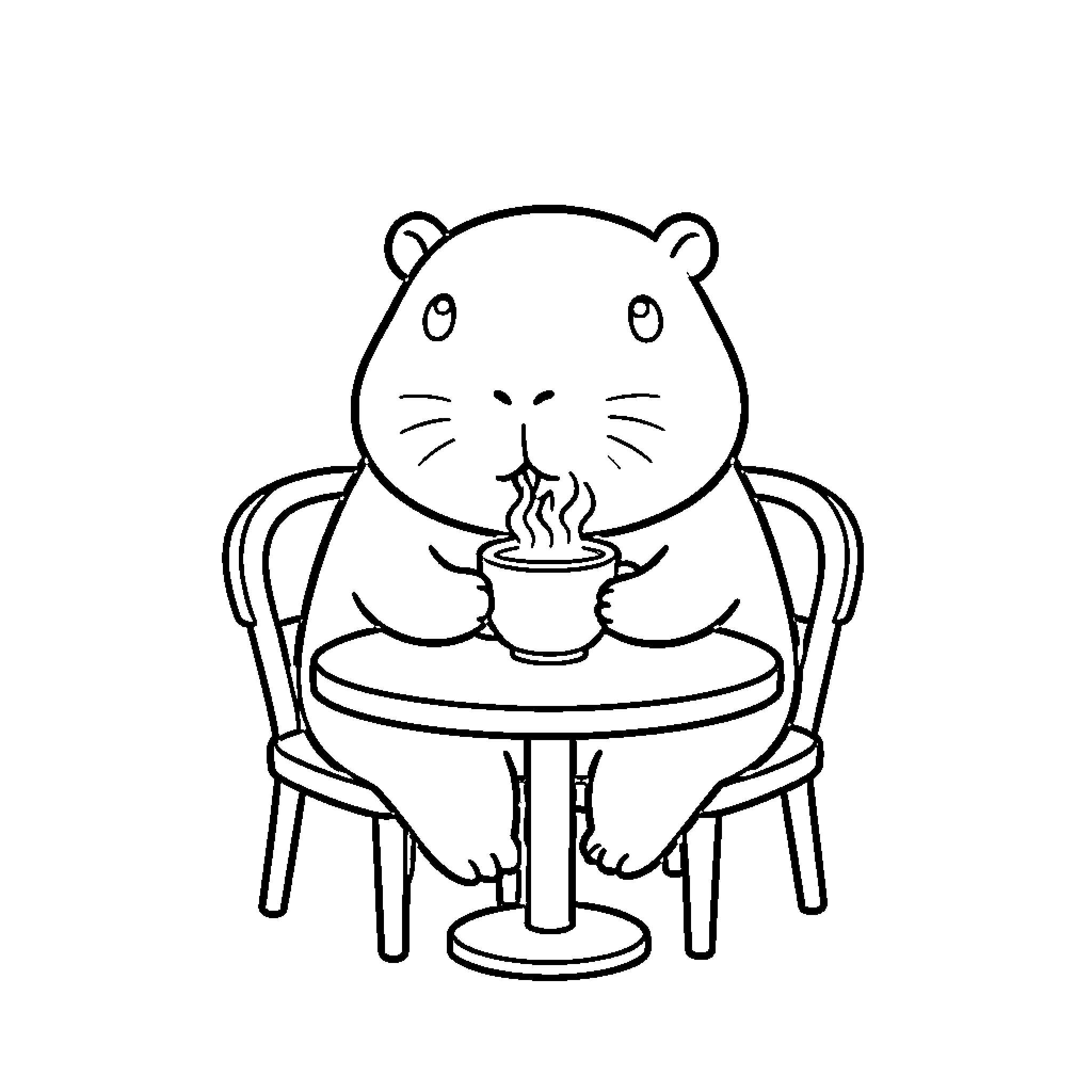 Capybara sitting at a table drinking a warm beverage Coloring Page (free black-and-white line drawing printable PDF for all, from beginners to advanced learners, including children, teens, adults, and seniors)