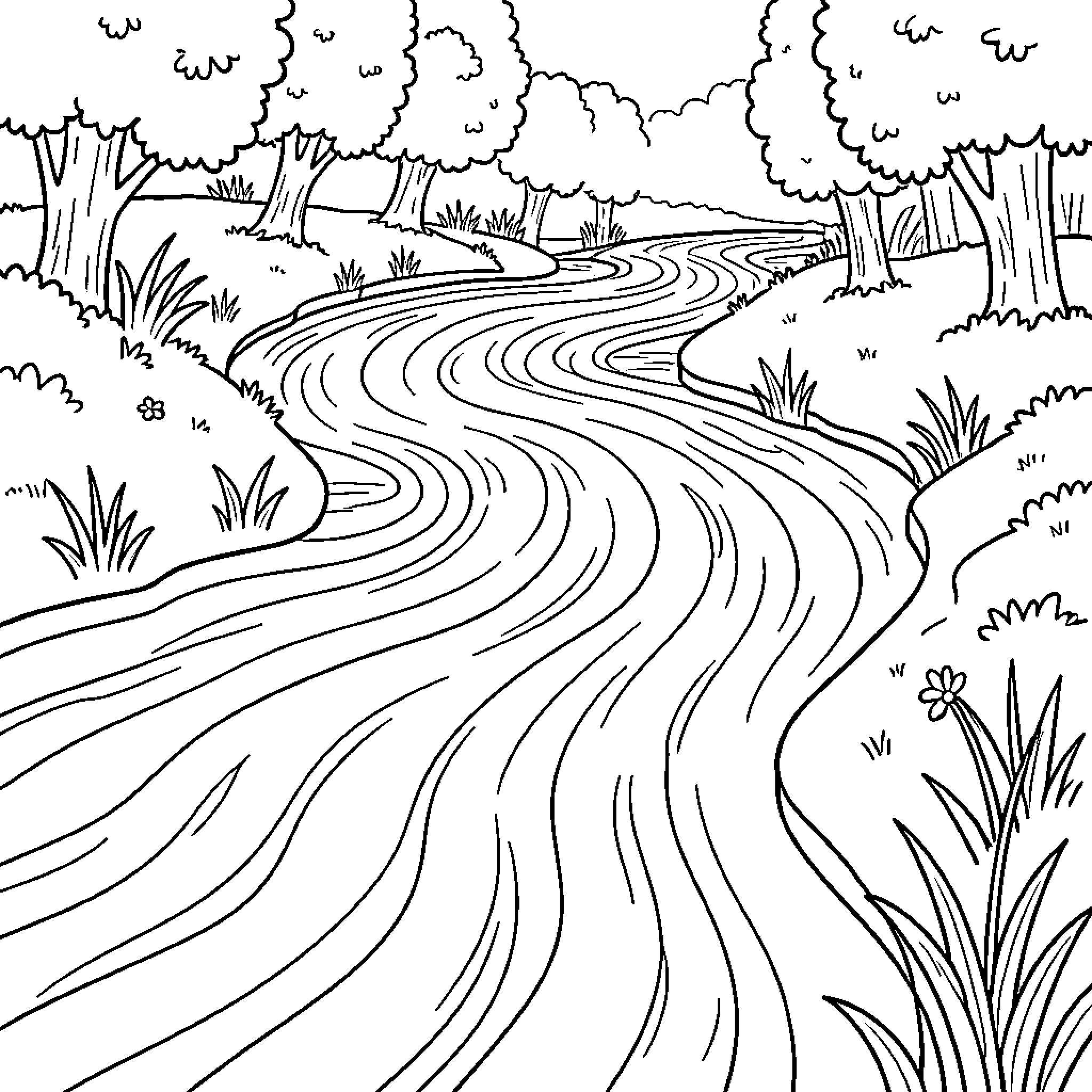 Water flowing through a winding forest stream Coloring Page (free black-and-white line drawing printable PDF for all, from beginners to advanced learners, including children, teens, adults, and seniors)