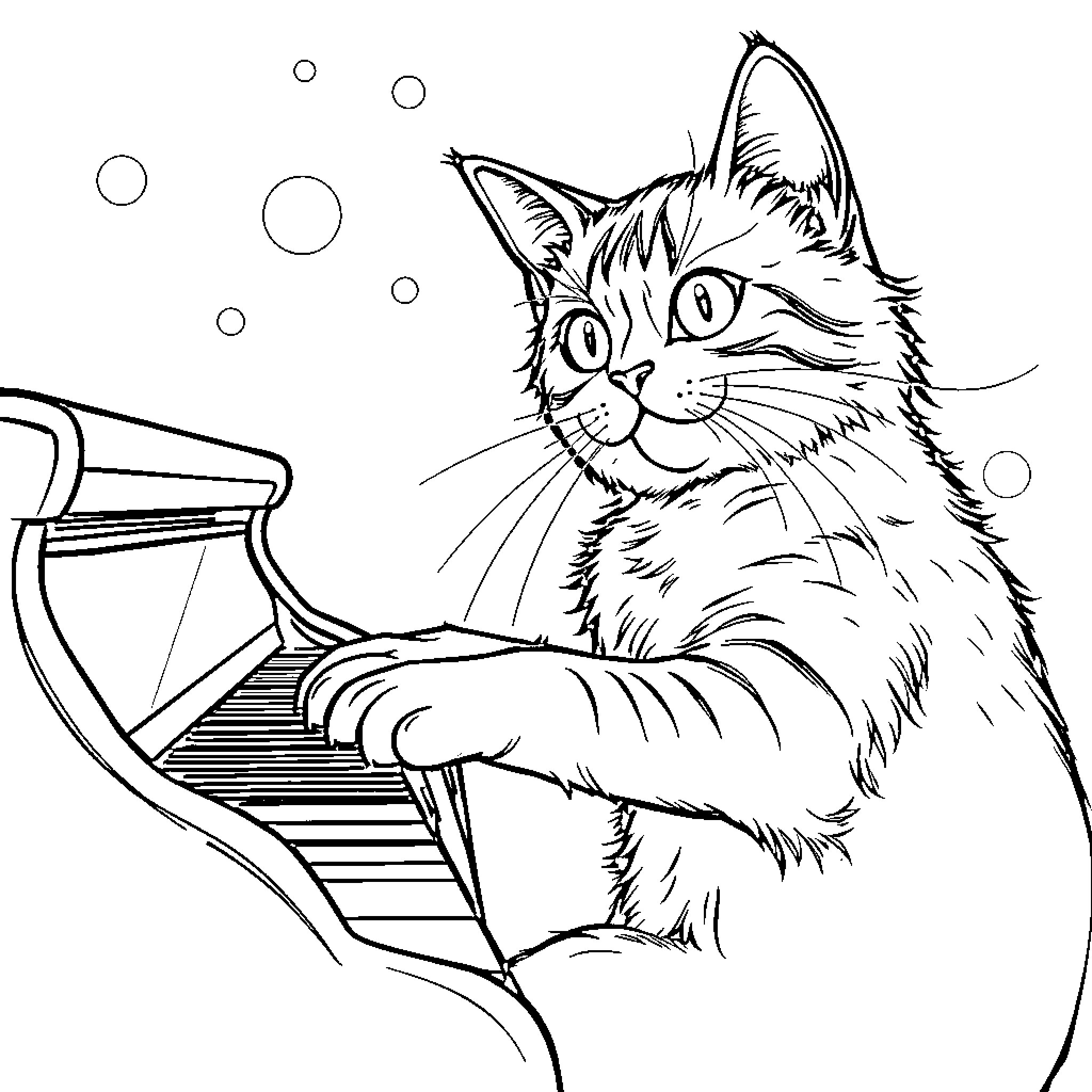 Cat playing on the piano Coloring Page (free black-and-white line drawing printable PDF for all, from beginners to advanced learners, including children, teens, adults, and seniors)
