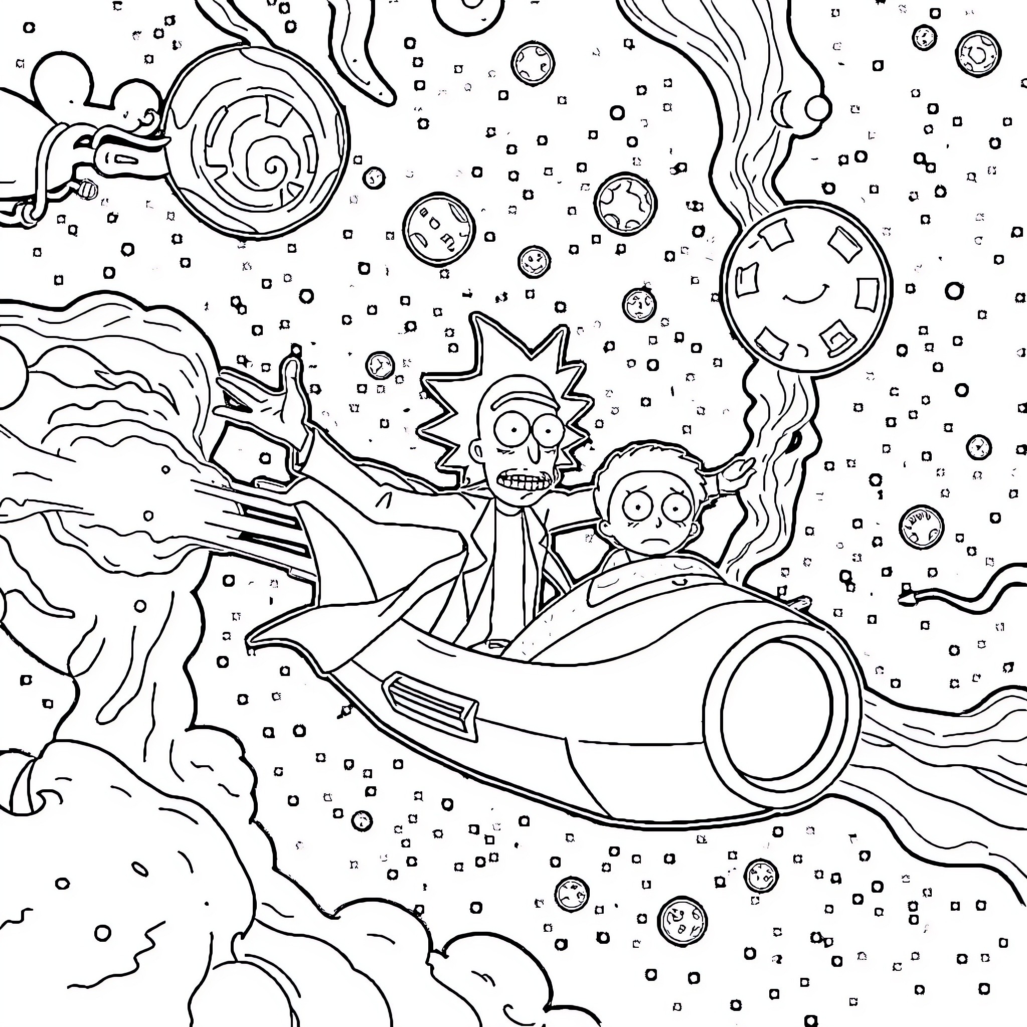 Rick And Morty's Cosmic Adventure Coloring Page (free black-and-white line drawing printable PDF for all, from beginners to advanced learners, including children, teens, adults, and seniors)