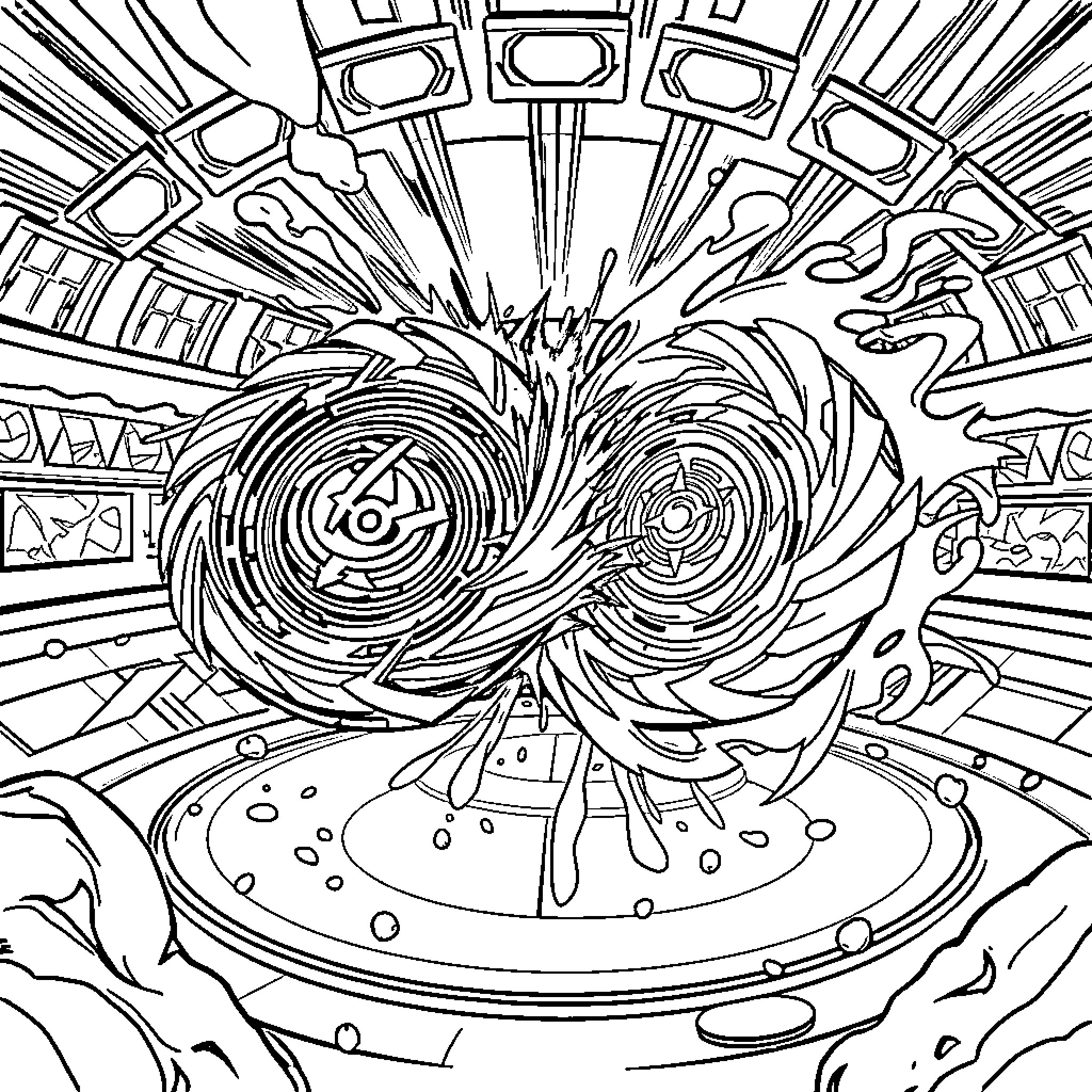 Beyblade characters in an intense battle arena Coloring Page (free black-and-white line drawing printable PDF for all, from beginners to advanced learners, including children, teens, adults, and seniors)