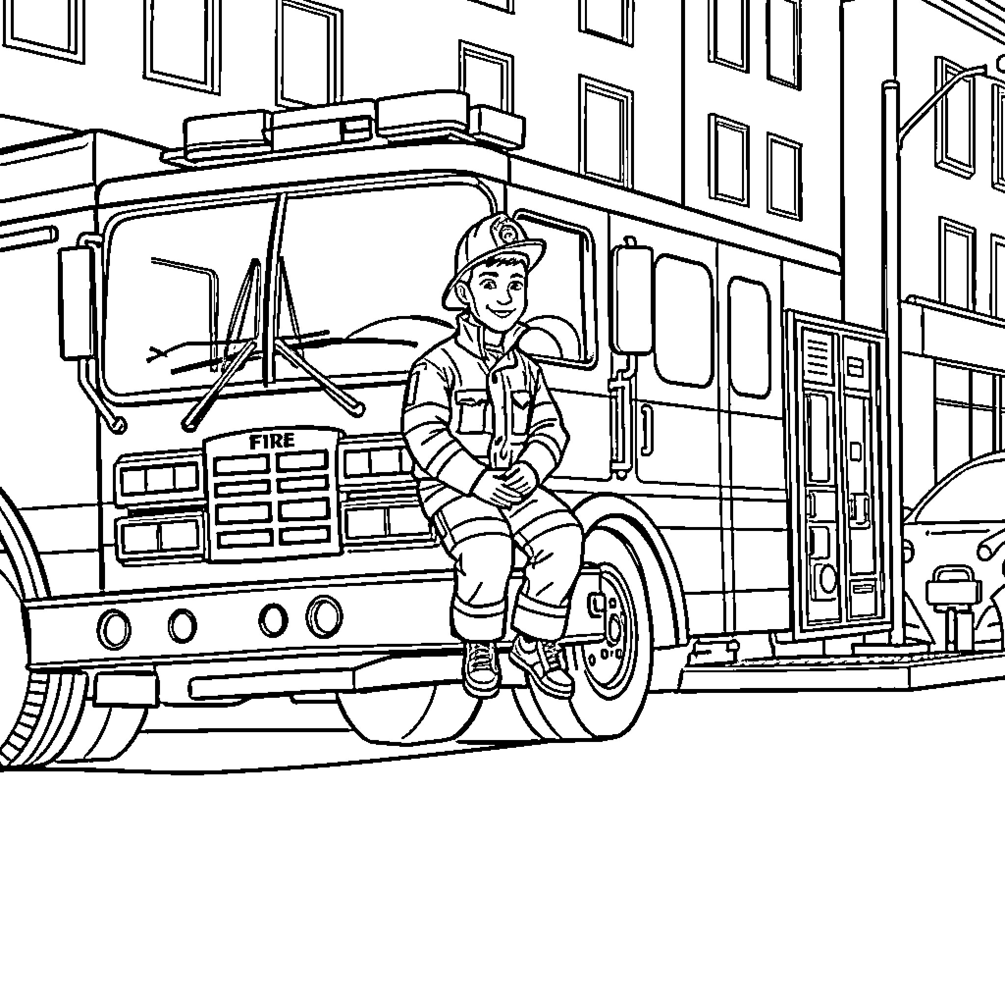 Fire Truck with Firefighter on the Scene Coloring Page (free black-and-white line drawing printable PDF for all, from beginners to advanced learners, including children, teens, adults, and seniors)