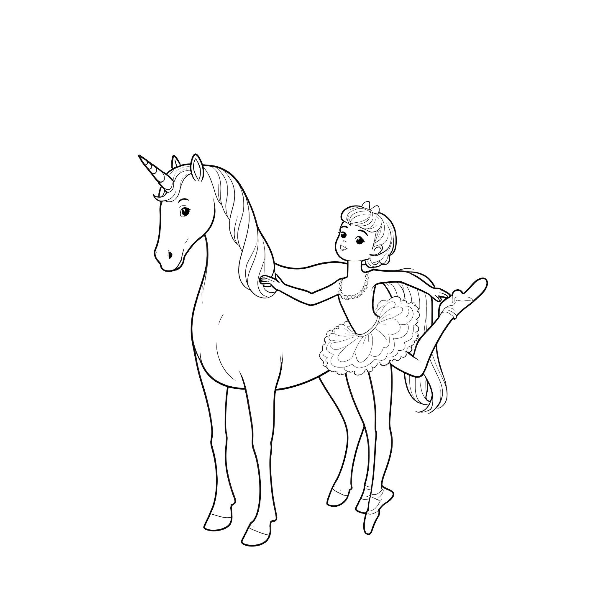 Unicorn and ballerina in graceful dance Coloring Page (free black-and-white line drawing printable PDF for all, from beginners to advanced learners, including children, teens, adults, and seniors)