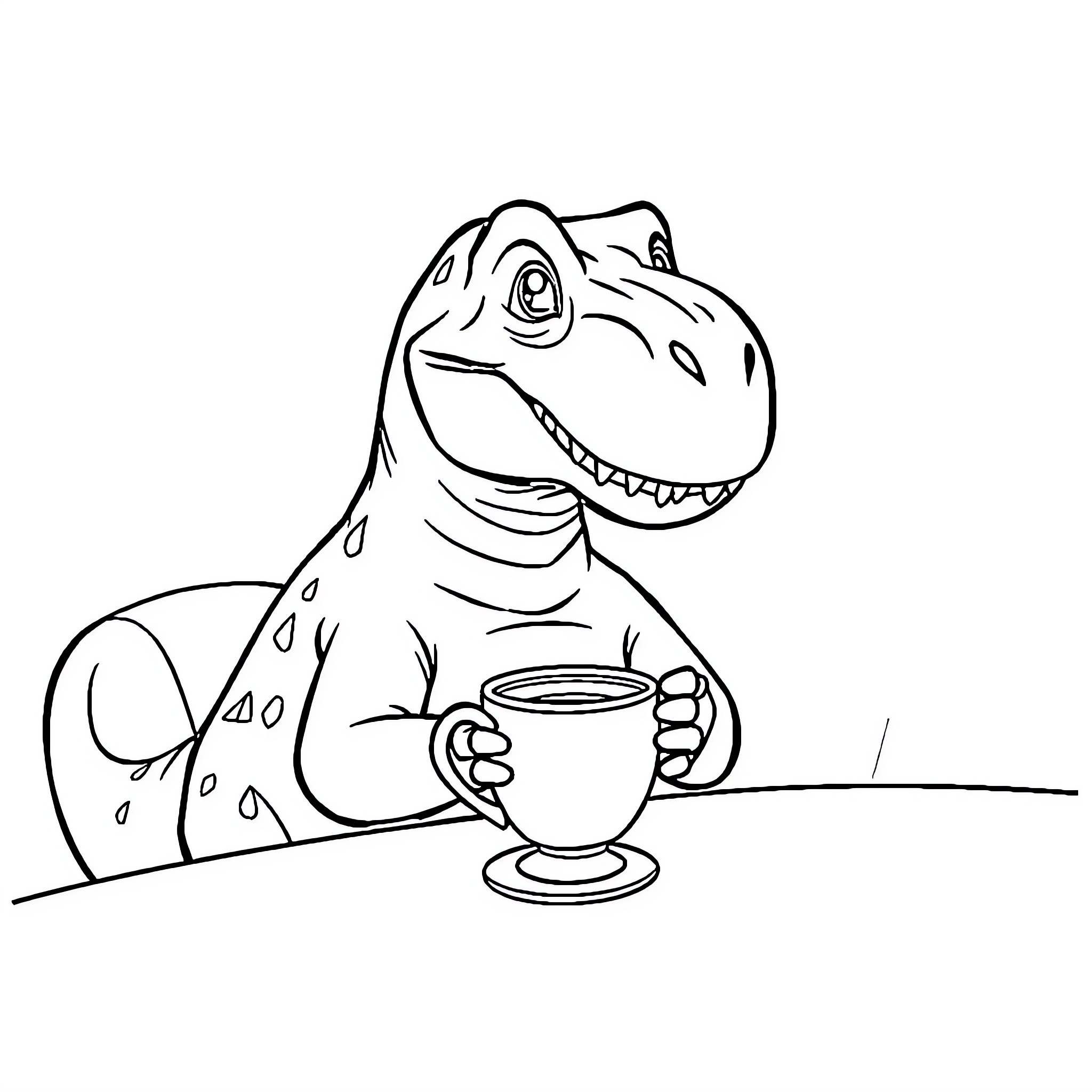 T-Rex enjoying a cup of coffee Coloring Page (free black-and-white line drawing printable PDF for all, from beginners to advanced learners, including children, teens, adults, and seniors)