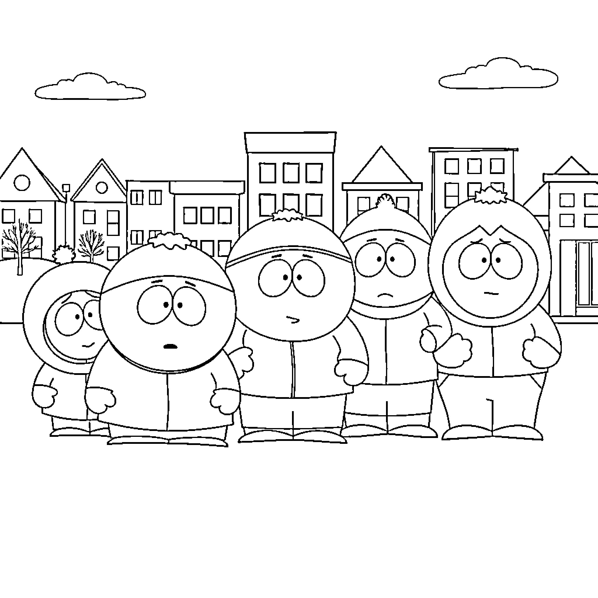 South Park Characters Standing Together in Town Coloring Page (free black-and-white line drawing printable PDF for all, from beginners to advanced learners, including children, teens, adults, and seniors)