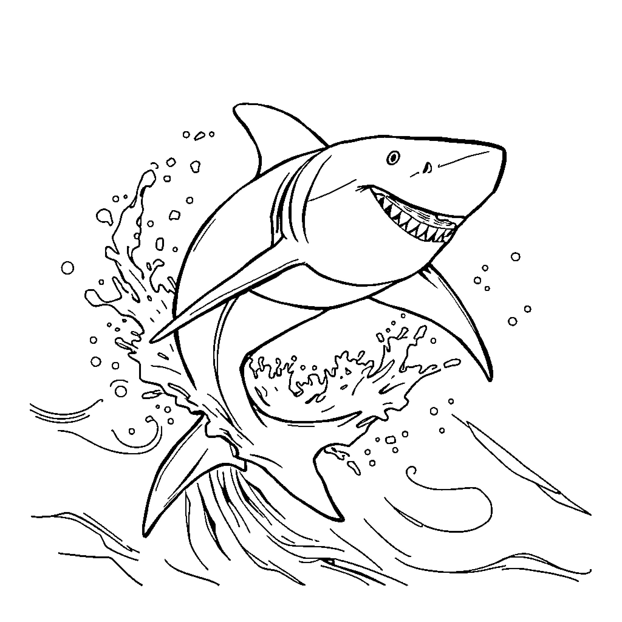 Shark attacking with open mouth and splashing water Coloring Page (free black-and-white line drawing printable PDF for all, from beginners to advanced learners, including children, teens, adults, and seniors)