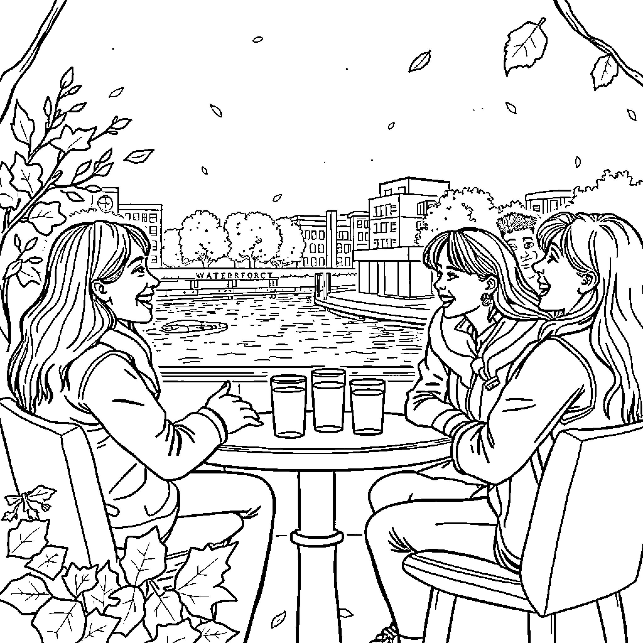 Friend enjoying drinks with friends in the city Coloring Page (free black-and-white line drawing printable PDF for all, from beginners to advanced learners, including children, teens, adults, and seniors)