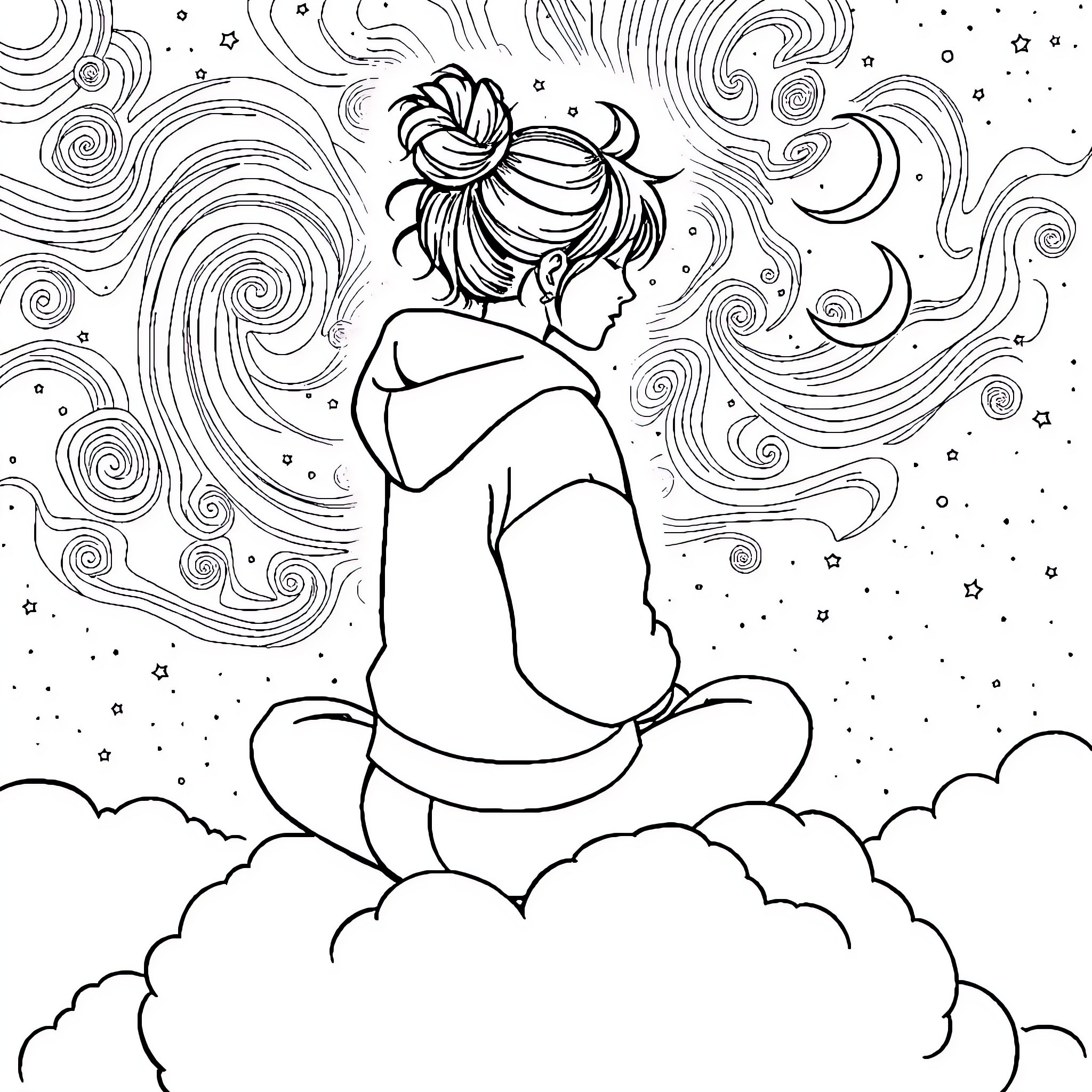 Woman sitting on clouds amid swirling stars Coloring Page (free black-and-white line drawing printable PDF for all, from beginners to advanced learners, including children, teens, adults, and seniors)