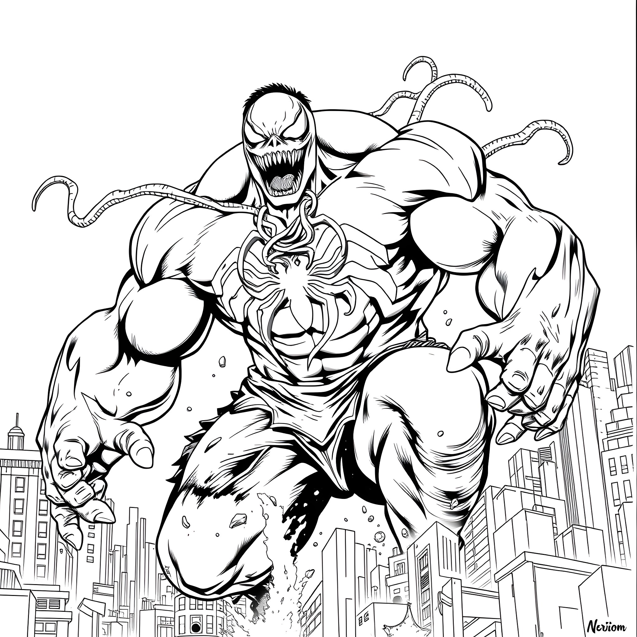Venom Hulk Terrorizing the City Coloring Page (free black-and-white line drawing printable PDF for all, from beginners to advanced learners, including children, teens, adults, and seniors)