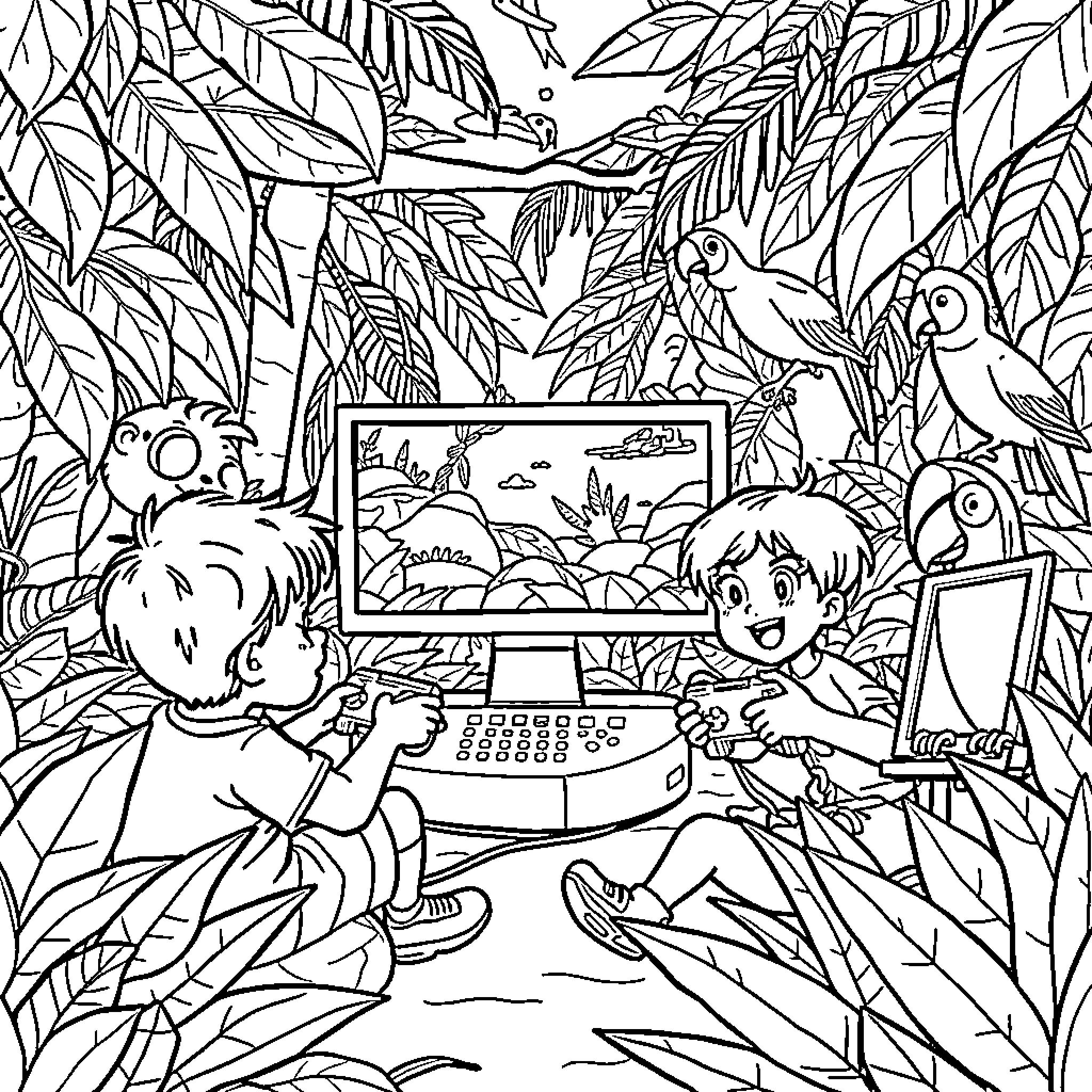 Kids exploring nature through digital devices Coloring Page (free black-and-white line drawing printable PDF for all, from beginners to advanced learners, including children, teens, adults, and seniors)