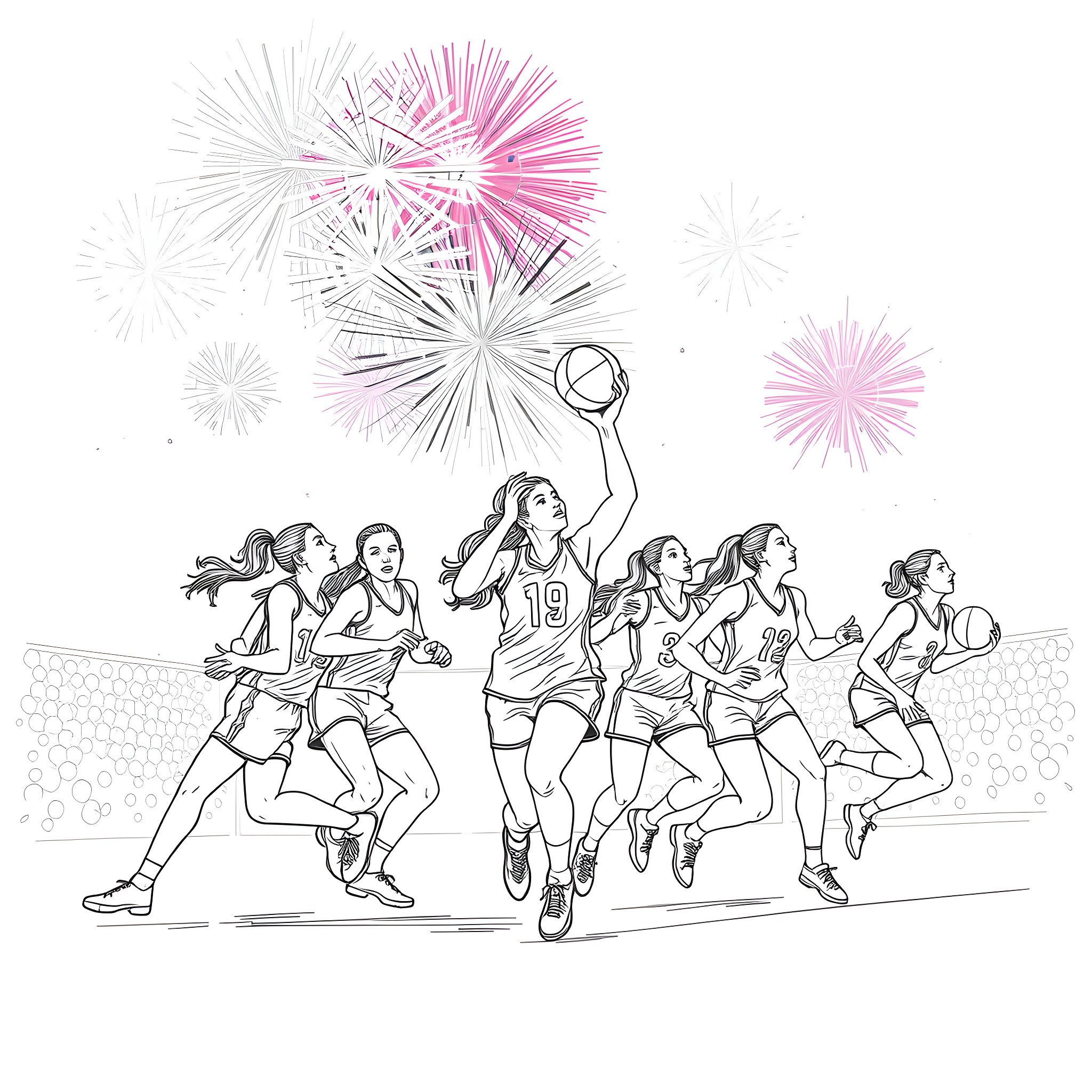 Netball players in action under colorful fireworks Coloring Page (free black-and-white line drawing printable PDF for all, from beginners to advanced learners, including children, teens, adults, and seniors)