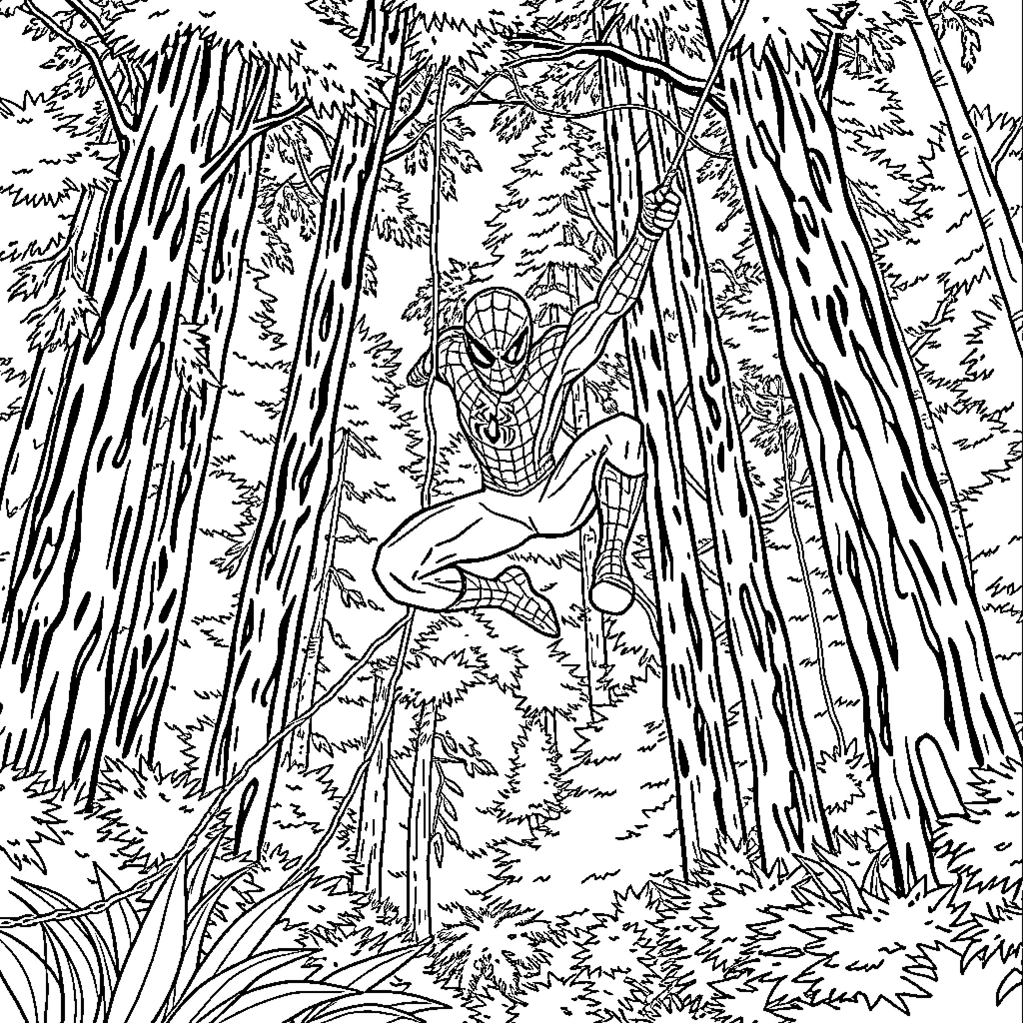 Spiderman swinging through the dense forest Coloring Page (free black-and-white line drawing printable PDF for all, from beginners to advanced learners, including children, teens, adults, and seniors)