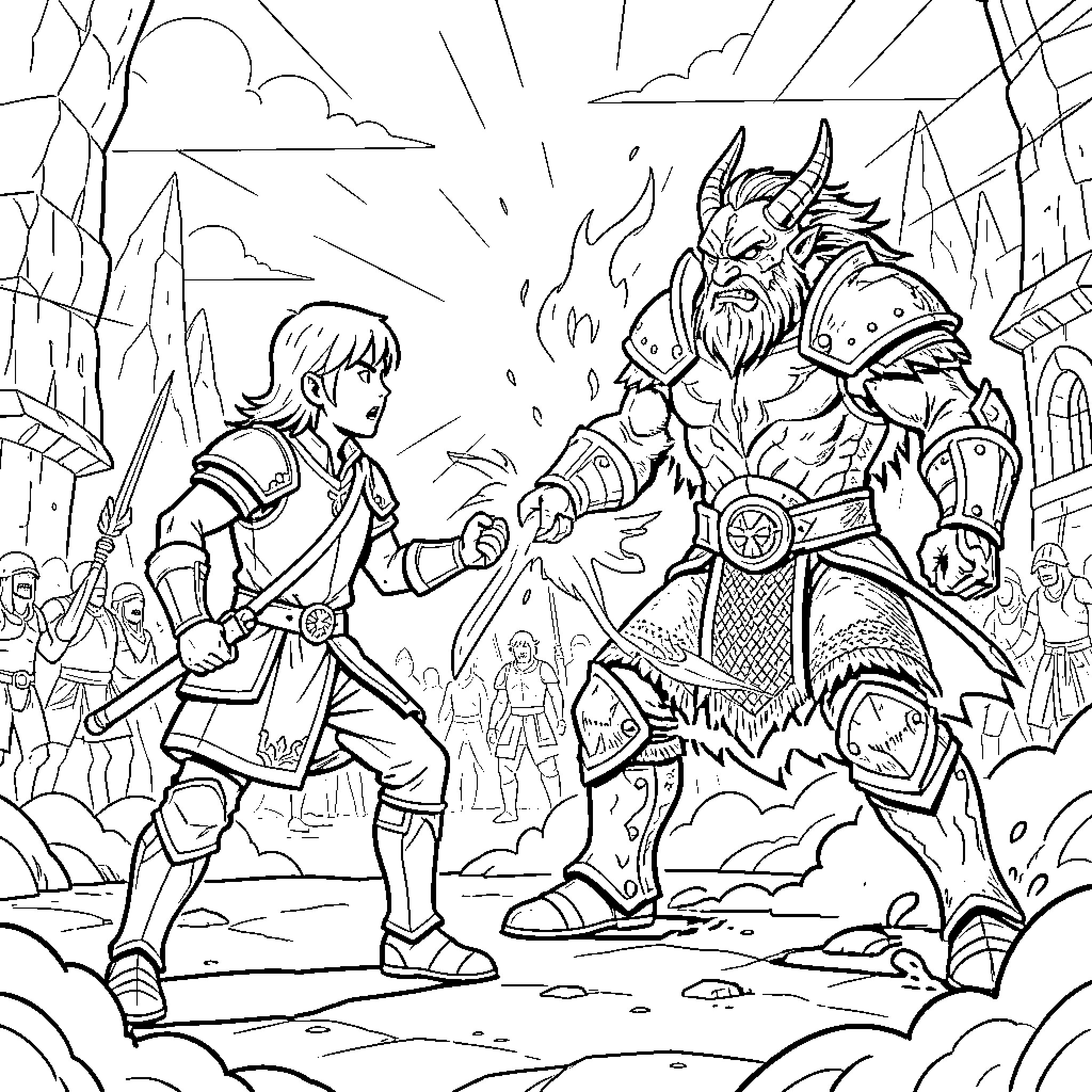 Link facing a large horned warrior in battle Coloring Page (free black-and-white line drawing printable PDF for all, from beginners to advanced learners, including children, teens, adults, and seniors)