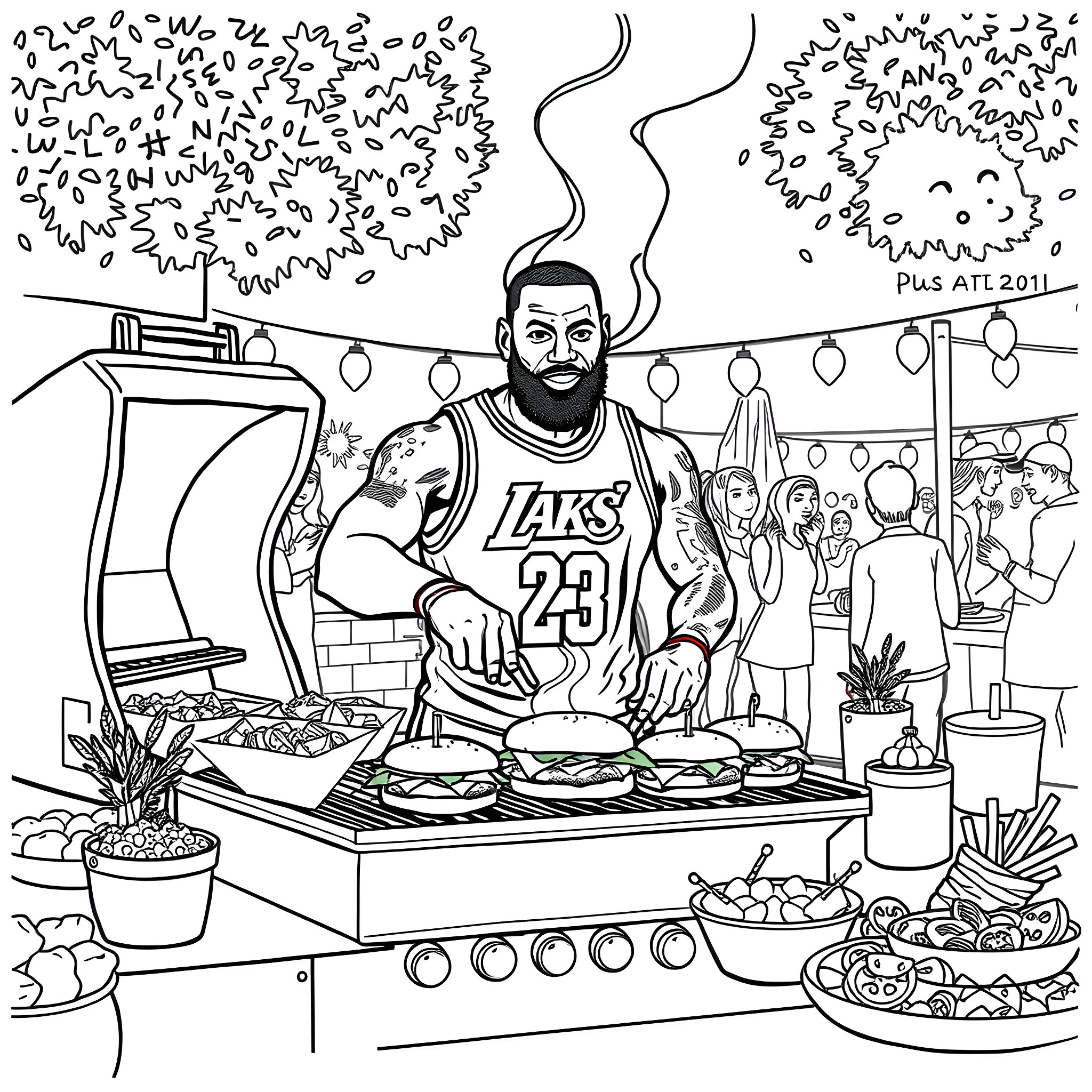 LeBron James cooking up a celebration Coloring Page (free black-and-white line drawing printable PDF for all, from beginners to advanced learners, including children, teens, adults, and seniors)